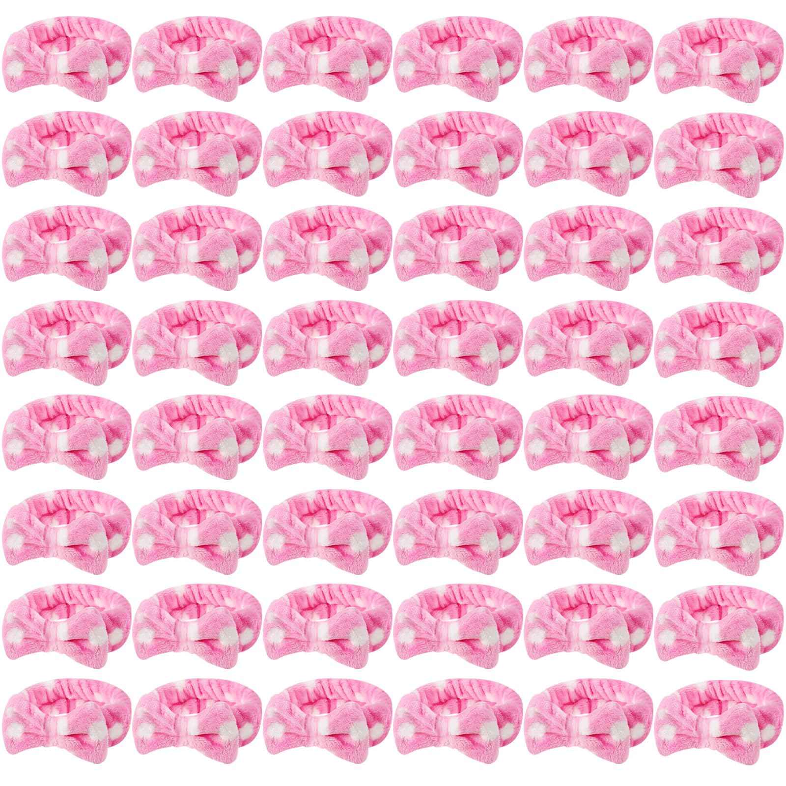 Tigeen 48 Pieces Spa Headband Bulk, Headband for Washing Face, Coral Fleece Bow Hair Band, Skincare Hair Band for Women Shower Cosmetic Facial Makeup Mask (Pink,1 Style)