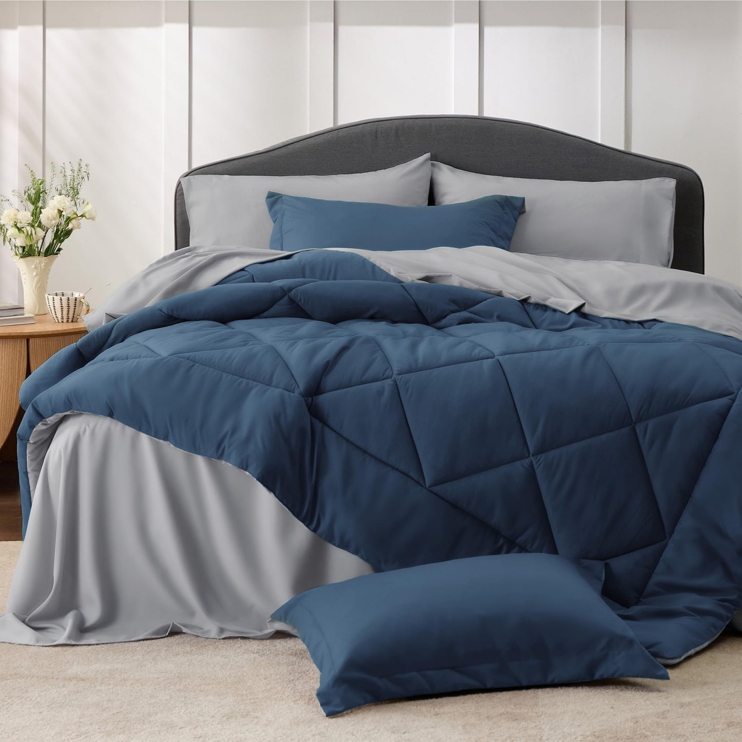 Bedsure Navy California King Comforter Set - 7 Pieces Reversible Bed Set, Bed in a Bag Cal King with Comforters, Sheets, Pillowcases & Shams