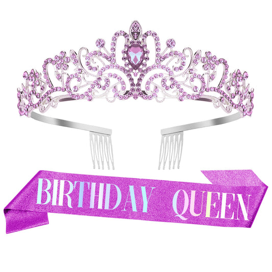 Birthday Crown for Girls - Purple Tiara Sash Rhinestone Crystal Headband Princess Queen Decorations Accessories