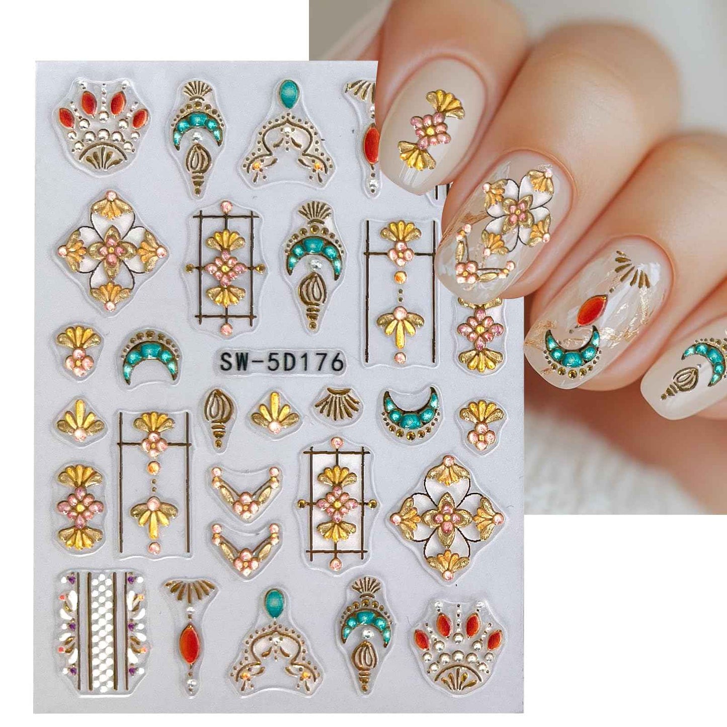 MUIIIGOOD 2 Sheet Sun Moon Stars Boho Nail Stickers Charms for Nail Art 5D Embossed Bohemian Style Floral Nail Decals Metallic Gold Sun Moon Star Luxury Celestial Nail Art Stickers Supplies for Women