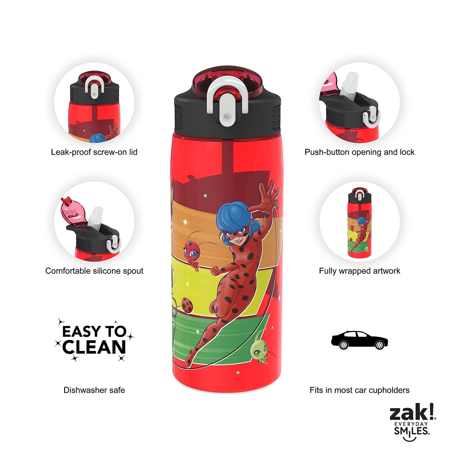 Zak Designs Miraculous Ladybug Water Bottle For School or Travel, 25 oz Durable Plastic Water Bottle With Straw, Handle, and Leak-Proof, Pop-Up Spout Cover