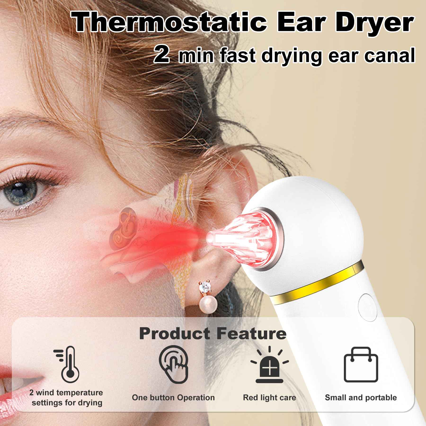 TopQuaFocus Ear Dryer for Adults Kids, Electronic Inner Ear Fluid Removal Tool, Red Light Air Circulation Design - 2min Quick Drying Eardrum, Ideal for Swimmers’ to Dry The Air of Ears