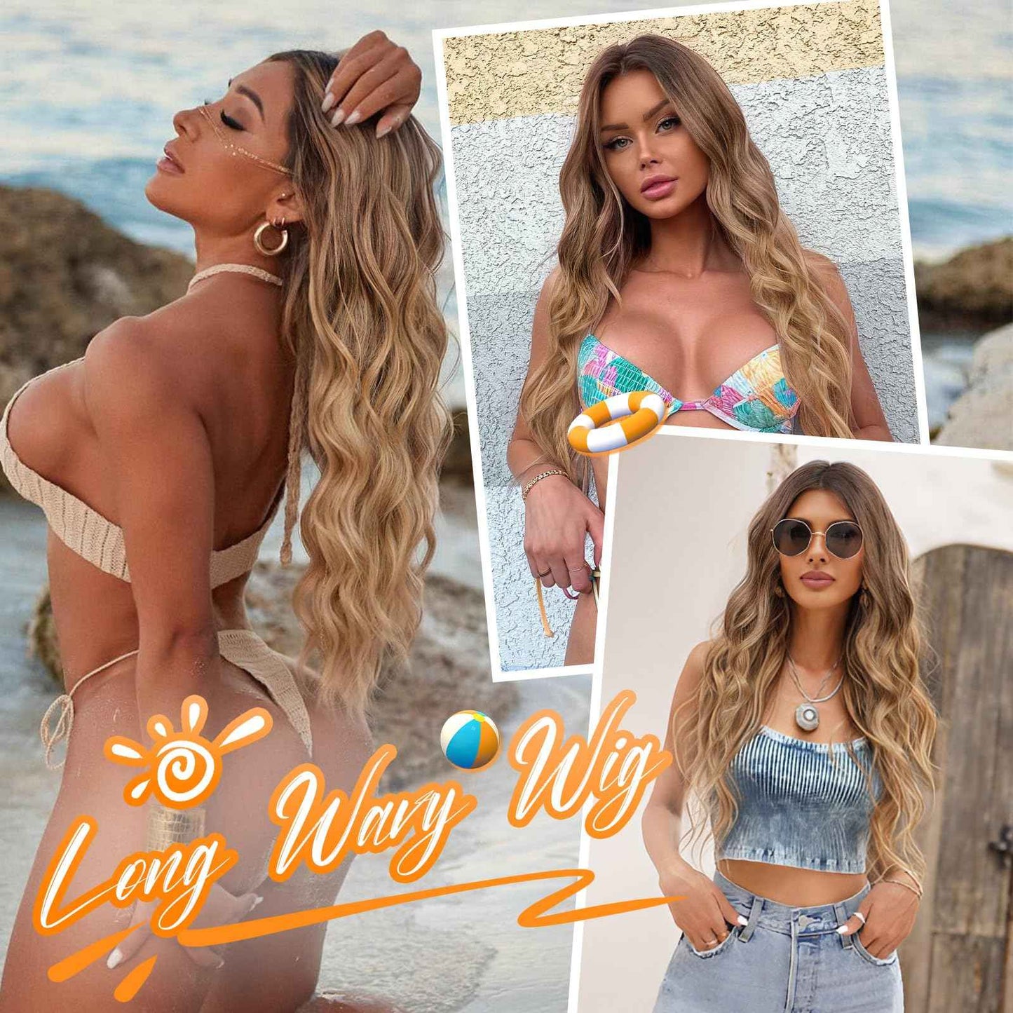 Nnzes Long Ombre Brown Gold Mixed Honey Blonde Wavy Wig 4x1 Lace Natural Hairline Middle Part Curly Heat-Resistant Synthetic Fiber for Women & Beginners Daily Party Use 26In