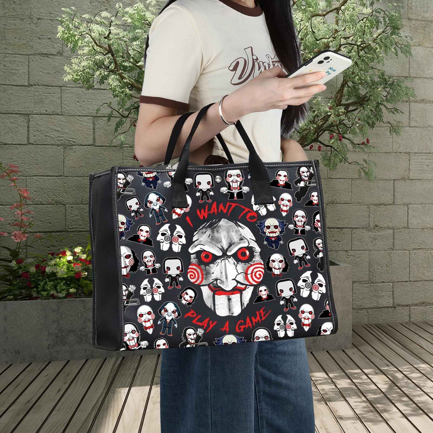 LEVLO Jigsaw Killer Tote Bag Horror Movie Fans Gift I Want To Play A Game Jigsaw Killer Shoulder Bag Horror Movie Merch (Play A Game LT)