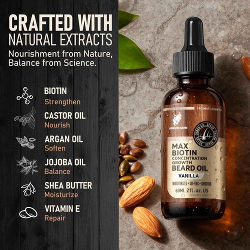 aokur Biotin Beard Growth Oil for Men - Vitamin B5 & Castor Oil Formula, Promote Thicker Fuller Beard, Daily Care, Styling & Taming, Hydrating, Lightweight Non-Greasy, Vanilla 2oz Gift for Him
