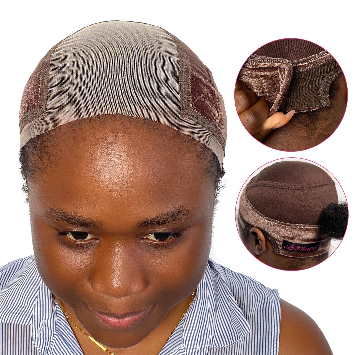 LAB HAIRS Lace Wig Cap with Grip Band for Keeping Wigs In Place, 4x5 Wider Transparent Lace for Lace Front Wig, Non-slip Cap for Glueless Wig, Adjustable Wig Grip Cap with Velcro Headband (Brown-M)