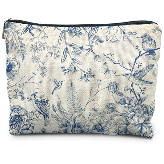 RYYCDOI Chinoiserie Floral Makeup Bag, Blue and White Chinoiserie Decor Cosmetic Bag Toiletry Bag for Women, Floral Bird Makeup Bag, Blue and White Chinoiserie Makeup Pouch