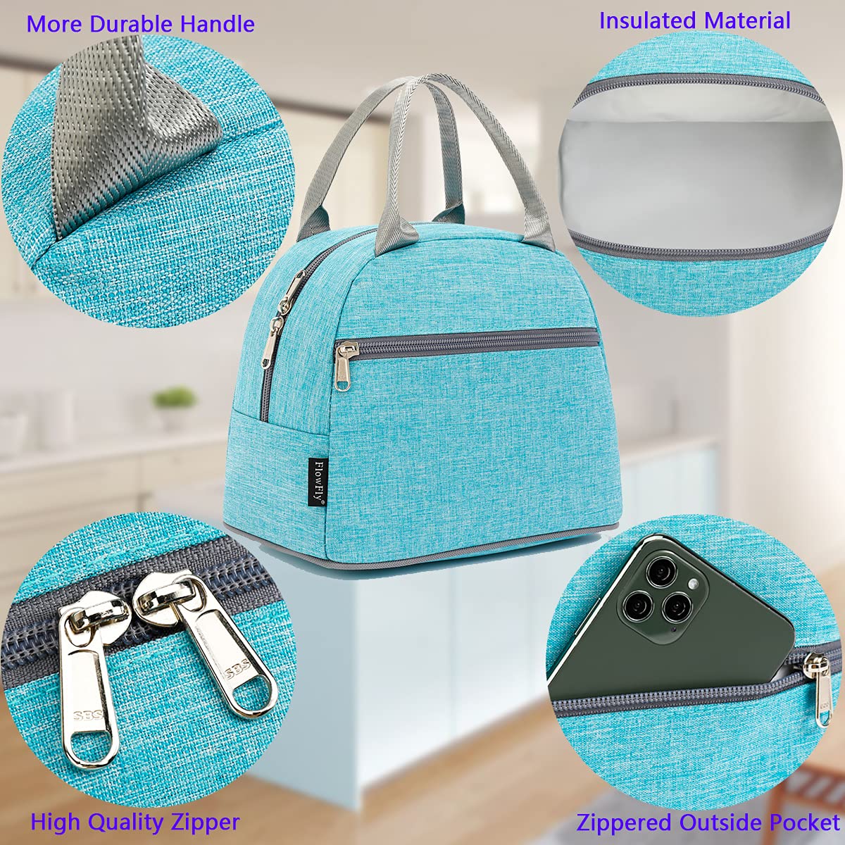 FlowFly Lunch Bag Tote Bag Lunch Organizer Lunch Holder Insulated Lunch Cooler Bag for Women/Men,Sea Blue