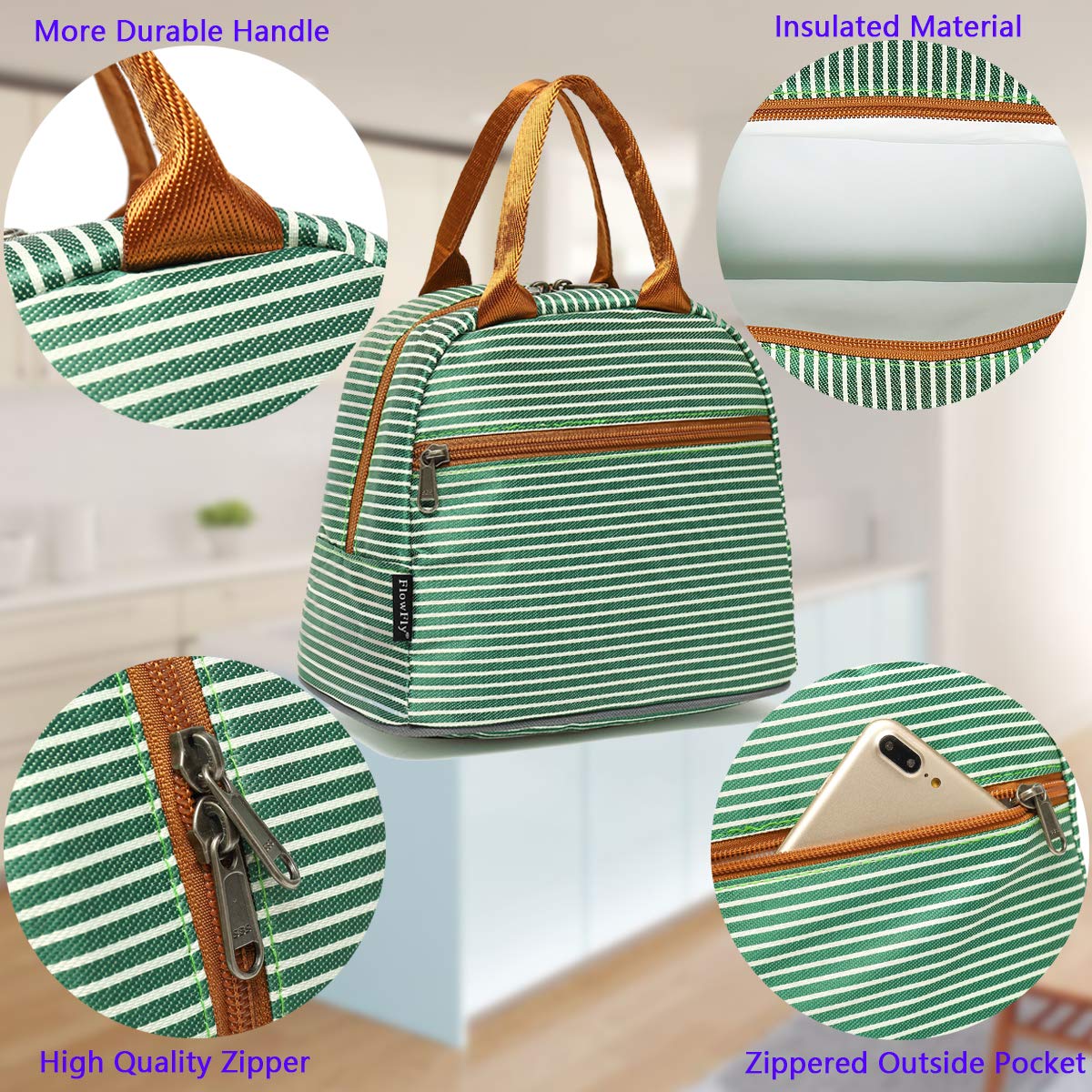 FlowFly Lunch Bag Tote Bag Lunch Organizer Lunch Holder Insulated Lunch Cooler Bag for Women/Men, Green