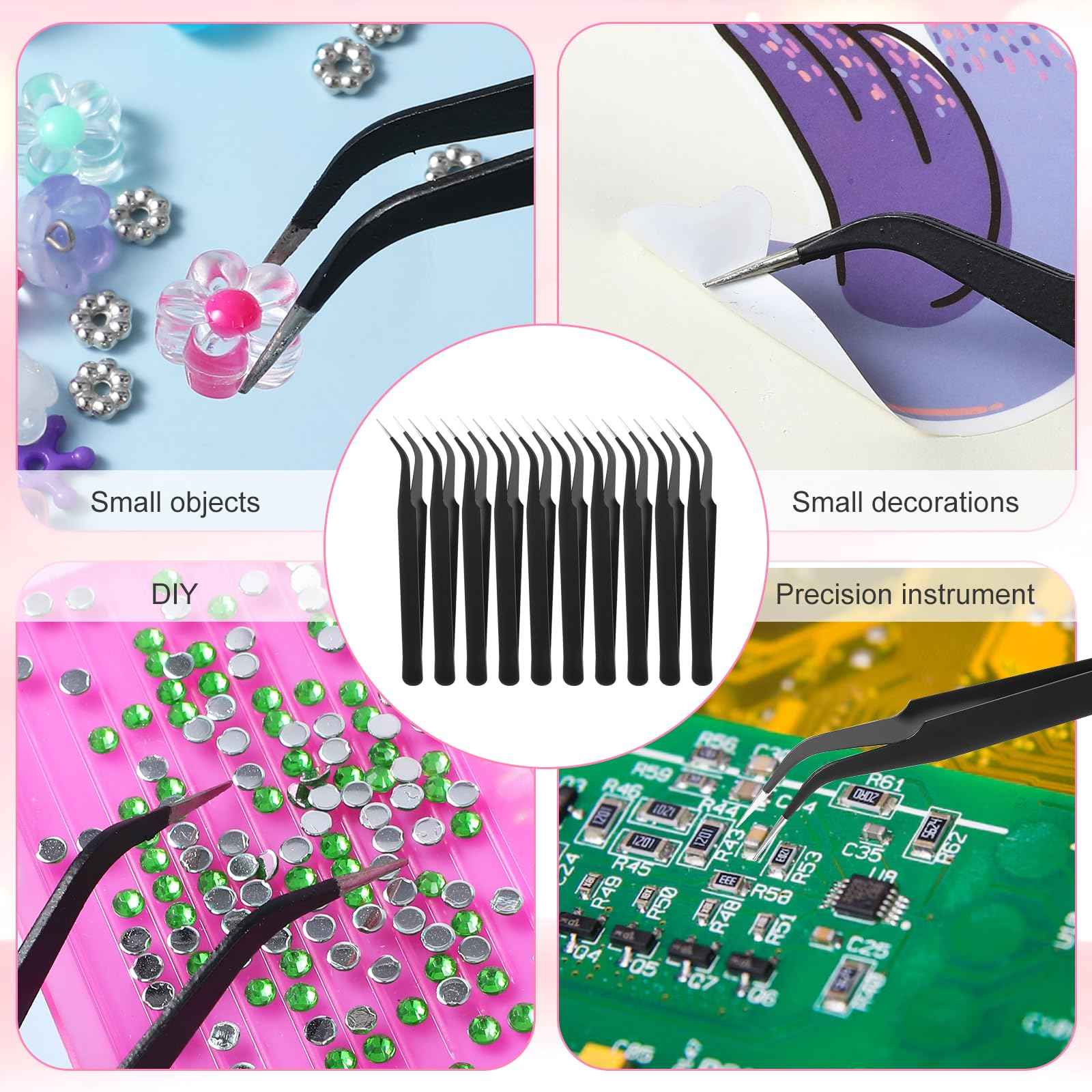 10 Pieces Tweezers for Crafting Stainless Steel Curved Pointed Tweezers Precision Tweezer with Protective Cover for Eyelash Extensions Stickers Rhinestones Crafts (Black)