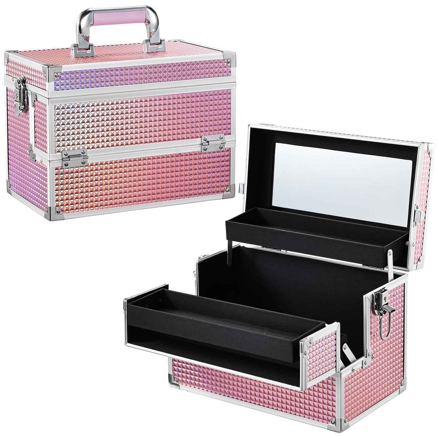 Joligrace Large Makeup Box Organizer, 12 Inch Makeup Train Case with Mirror, Cosmetic Travel Case with 3 Trays, Lockable Train Case for Makeup Artists & Nail Tech Supplies Pink