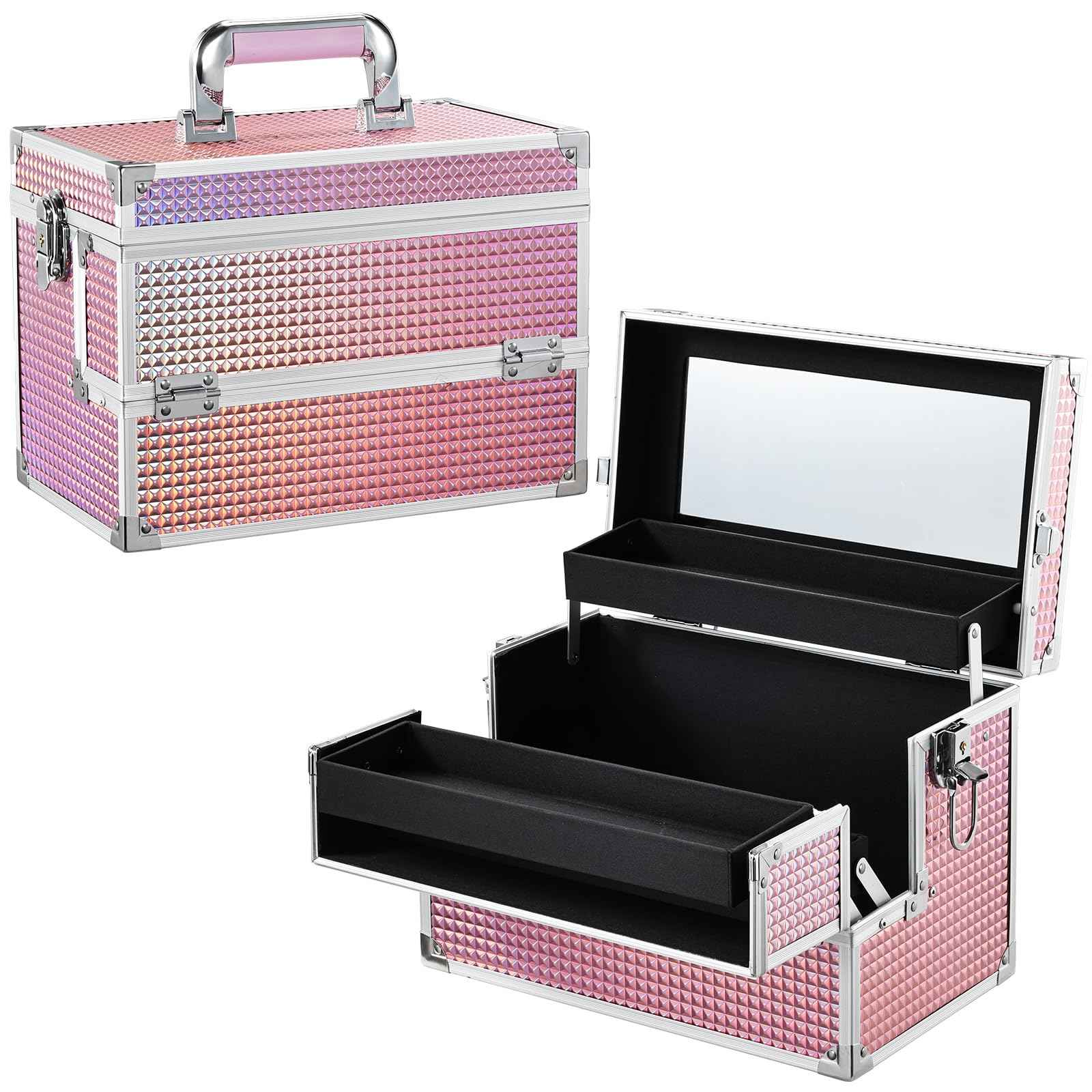 Joligrace Large Makeup Box Organizer, 12 Inch Makeup Train Case with Mirror, Cosmetic Travel Case with 3 Trays, Lockable Train Case for Makeup Artists & Nail Tech Supplies Pink