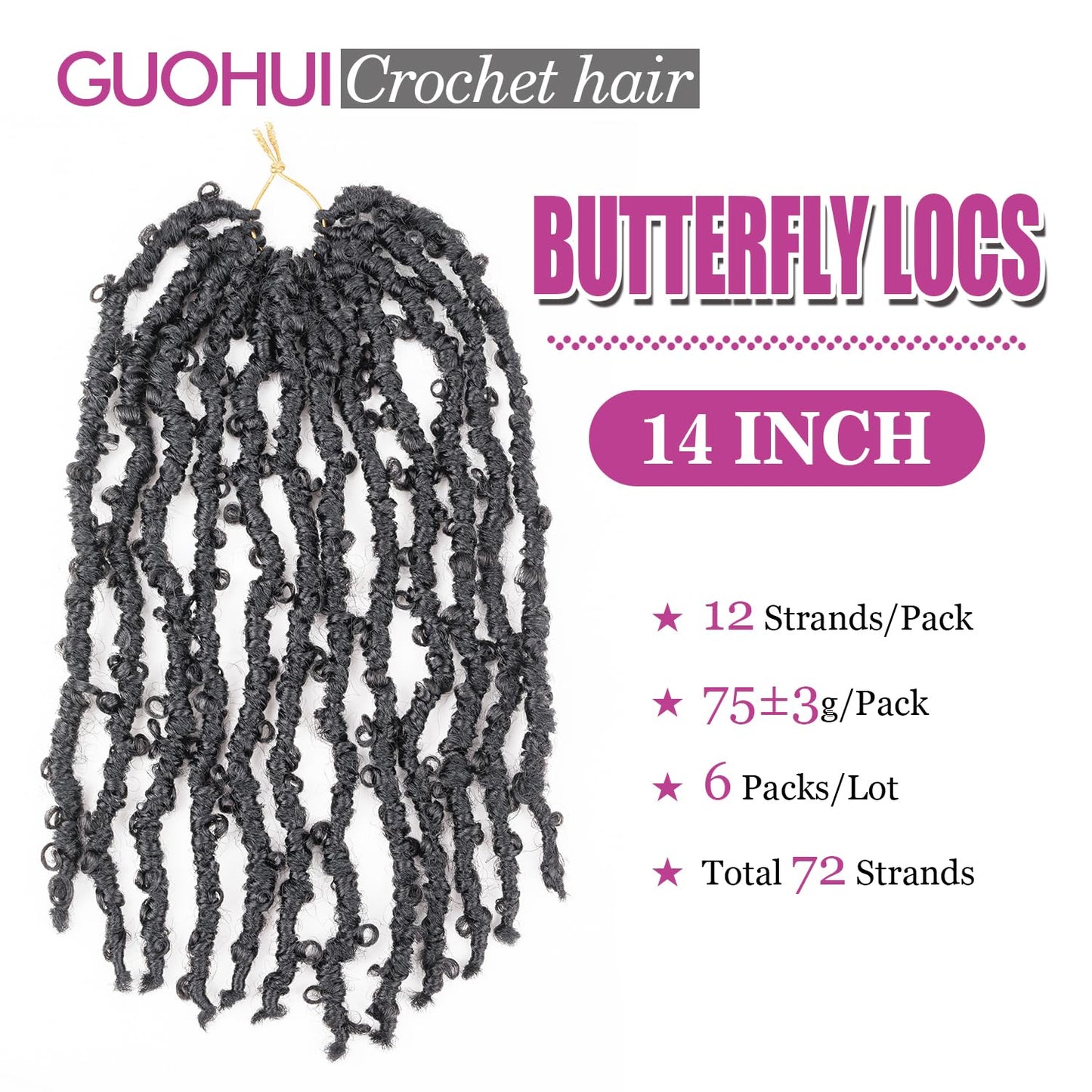 GUOHUI Super Light Butterfly Locs Crochet Hair 14 Inch 6 Packs Pre-Looped Soft Distressed Faux Locs Braids for Women Kids (14 Inch,1B#)