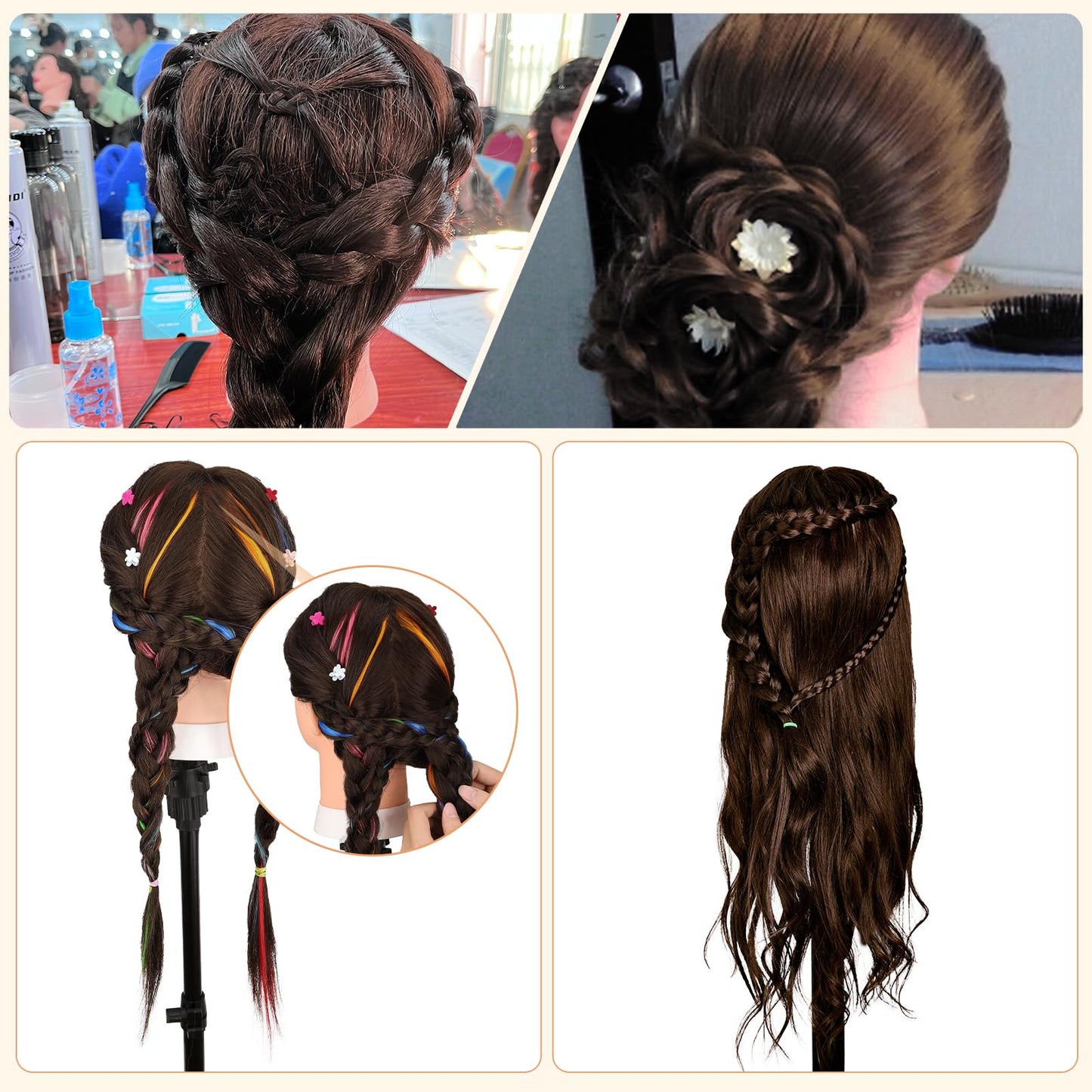 Mannequin Head with 70% Human Hair, Yofuly 26" Dark Brown Real Human Hair Training Head, Cosmetology Doll Head with Clamp Holder & Tools, Practice Doll Head for Hair Styling, Braiding, Curling,Cutting