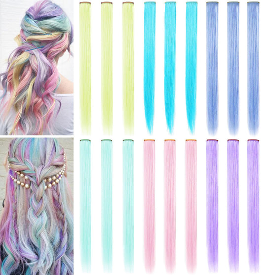 XIRRWWH Colored Hair Extensions Clip in,21 Inch Rainbow Hairpieces Heat Resistant Straight Hair,Birthday Gifts Party Multicolor Hair Accessories 18 Pcs of Set (Candy color)