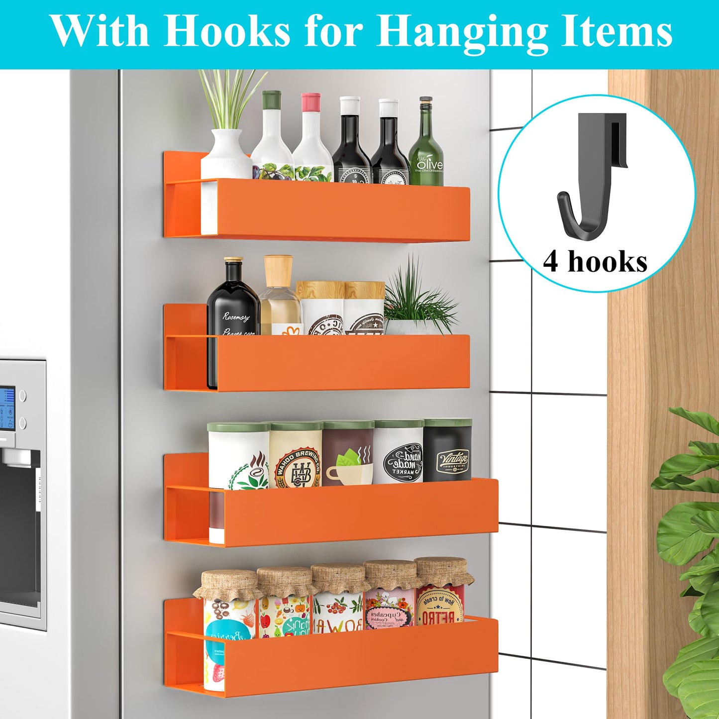 HuggieGems 4 Pack Magnetic Spice Storage Rack Organizer for Refrigerator and Oven, Orange Fridge Organizers and Storage