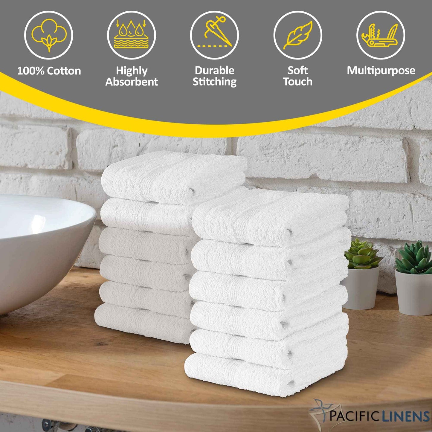 Pacific Linens Washcloths Towels, 100% Cotton, 13x13 inch Face Fingertip Towel for Bath and Kitchen Use - Wash Cloths, 12PK