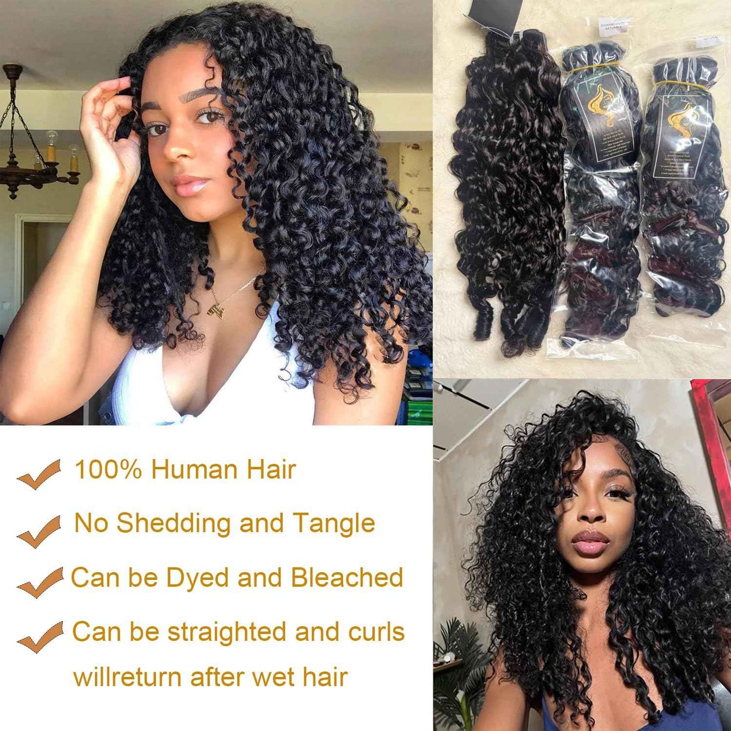 HEYKNOT Burmese Curly Bundles Human Hair 16 Inch Water Wave 100% Unprocessed Brazilian Virgin Hair Quick Weave Hair 3C4A Deep Curly human hair wet and wavy bundles for Women Natural Black