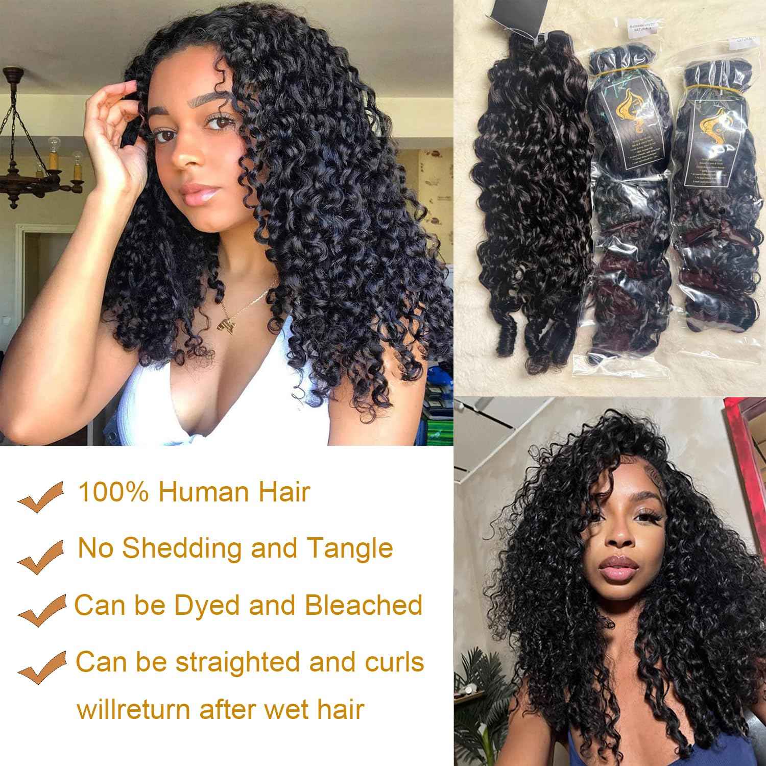 HEYKNOT Burmese Curly Bundles Human Hair 16 Inch Water Wave 100% Unprocessed Brazilian Virgin Hair Quick Weave Hair 3C4A Deep Curly human hair wet and wavy bundles for Women Natural Black
