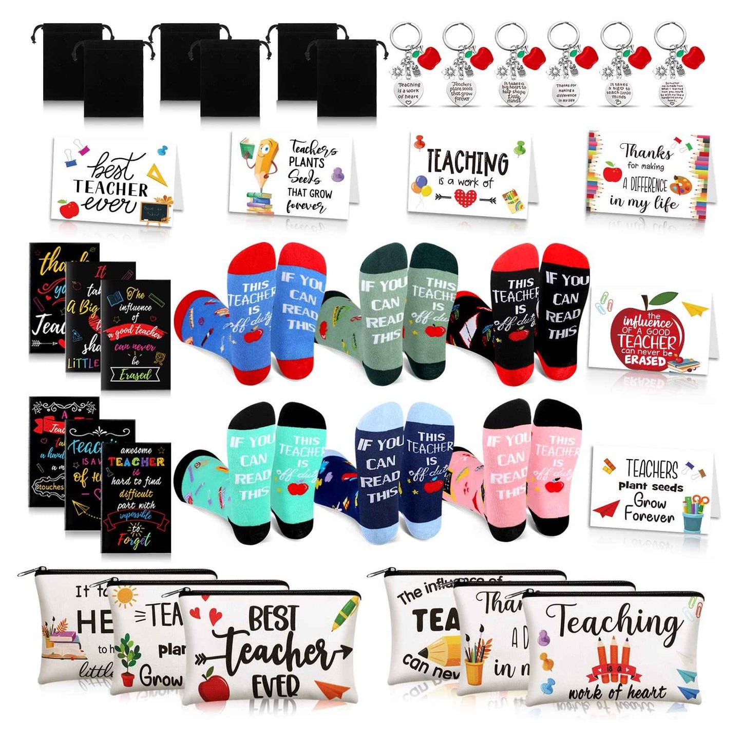 Eaasty 36 Sets Teacher Appreciation Gifts Bulk Makeup Pouch Cosmetic Pencil Bag Keychains Inspirational Notebooks Cards and Socks for Teacher Appreciation Graduation Gifts