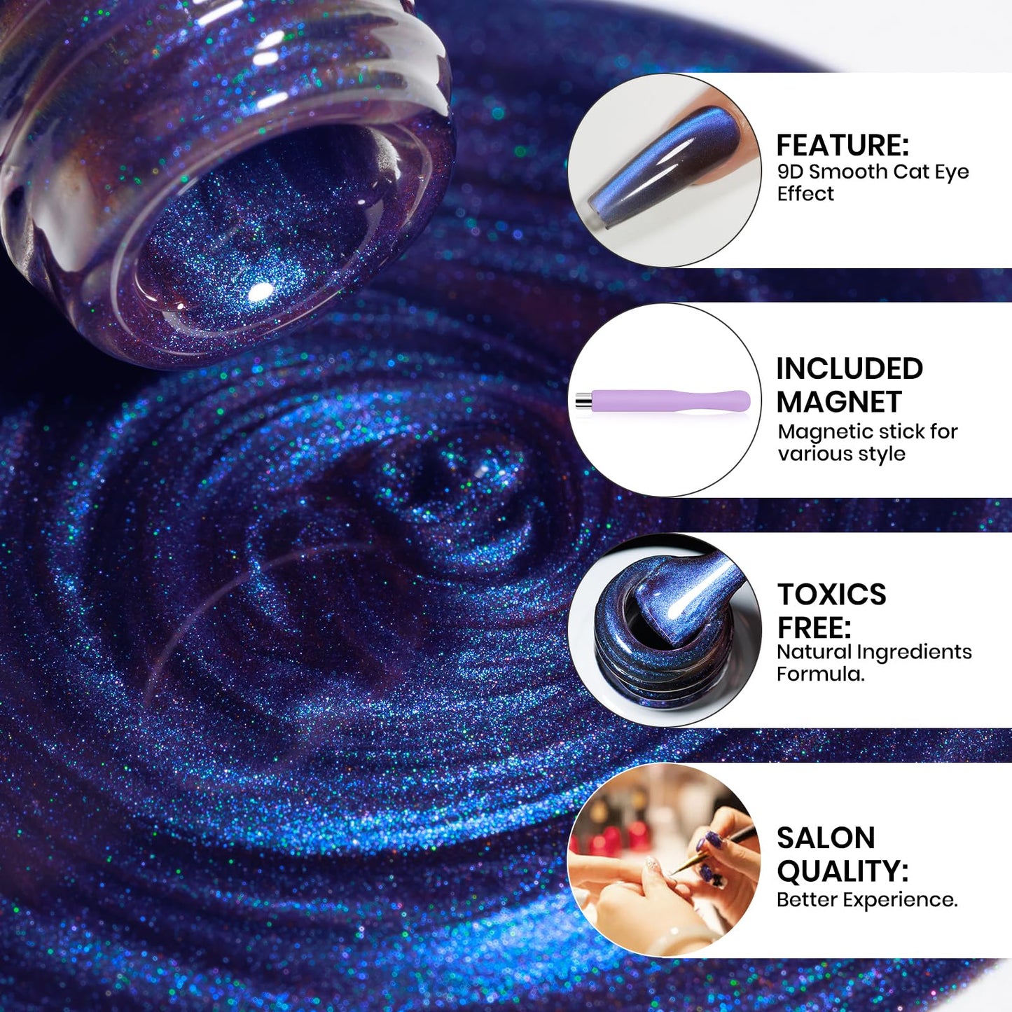 MIZHSE 9D Smooth Cat Eye Gel Nail Polish, Galaxy Magnetic Gel Polish Galaxy Holographic Gel Polish Soak Off Gel Nail Polish for Nail Art Manicure at Home 12mL