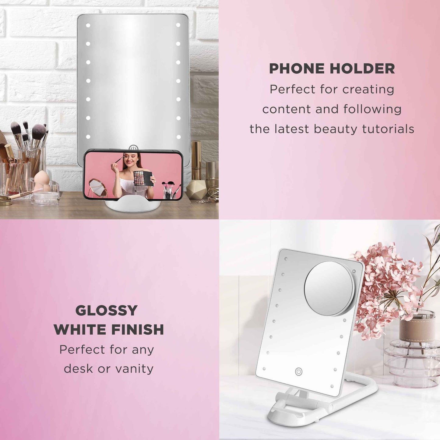 Conair Lighted Makeup Mirror, LED Vanity Mirror, 1X/10X Magnifying Mirror with Phone Holder, Battery Operated in Glossy White