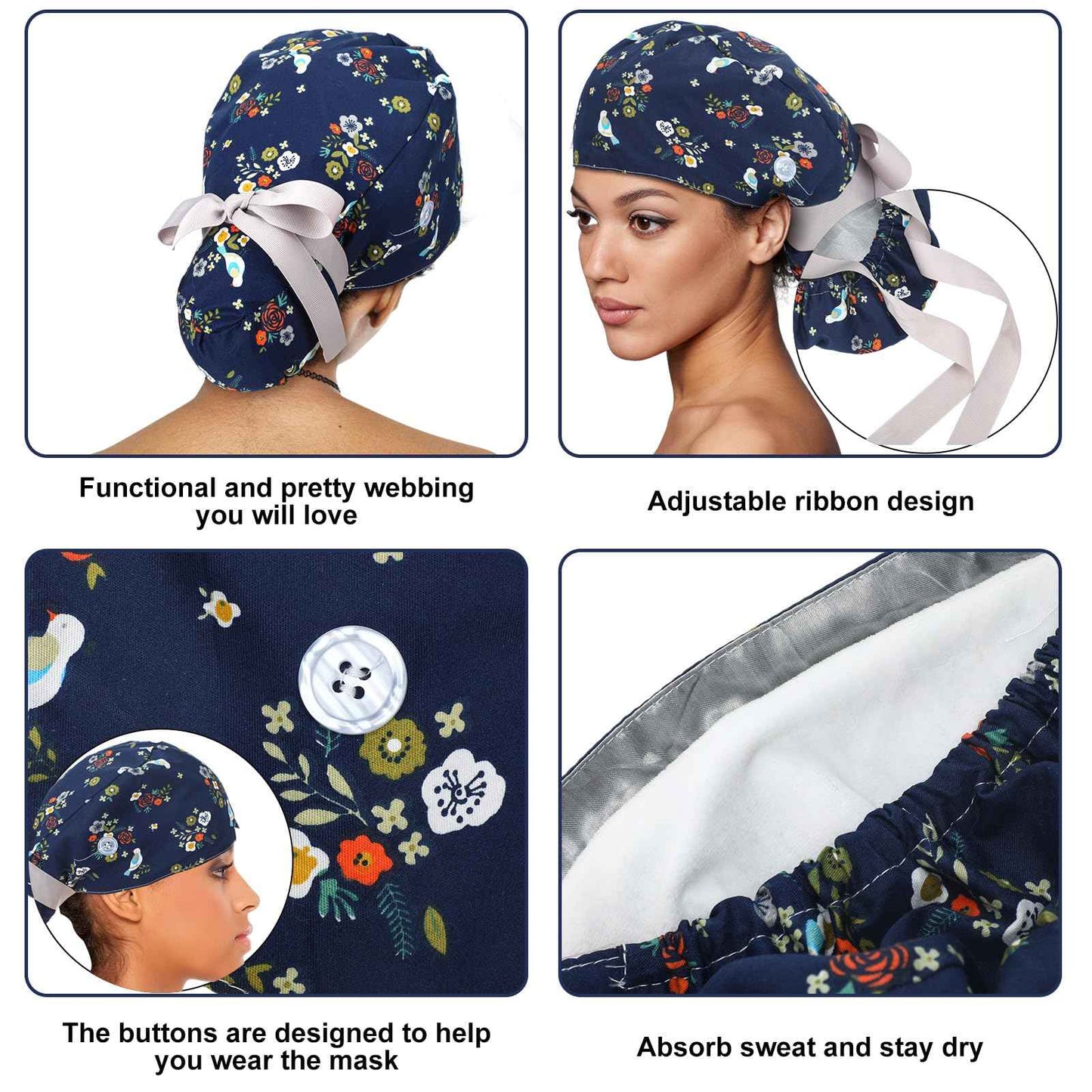 Floraltop 6 Pcs Satin Lined Scrub Caps Women Nurse Surgical Hat with Buttons Ponytail Working Adjustable Pouch Tie Back(Fresh Style)