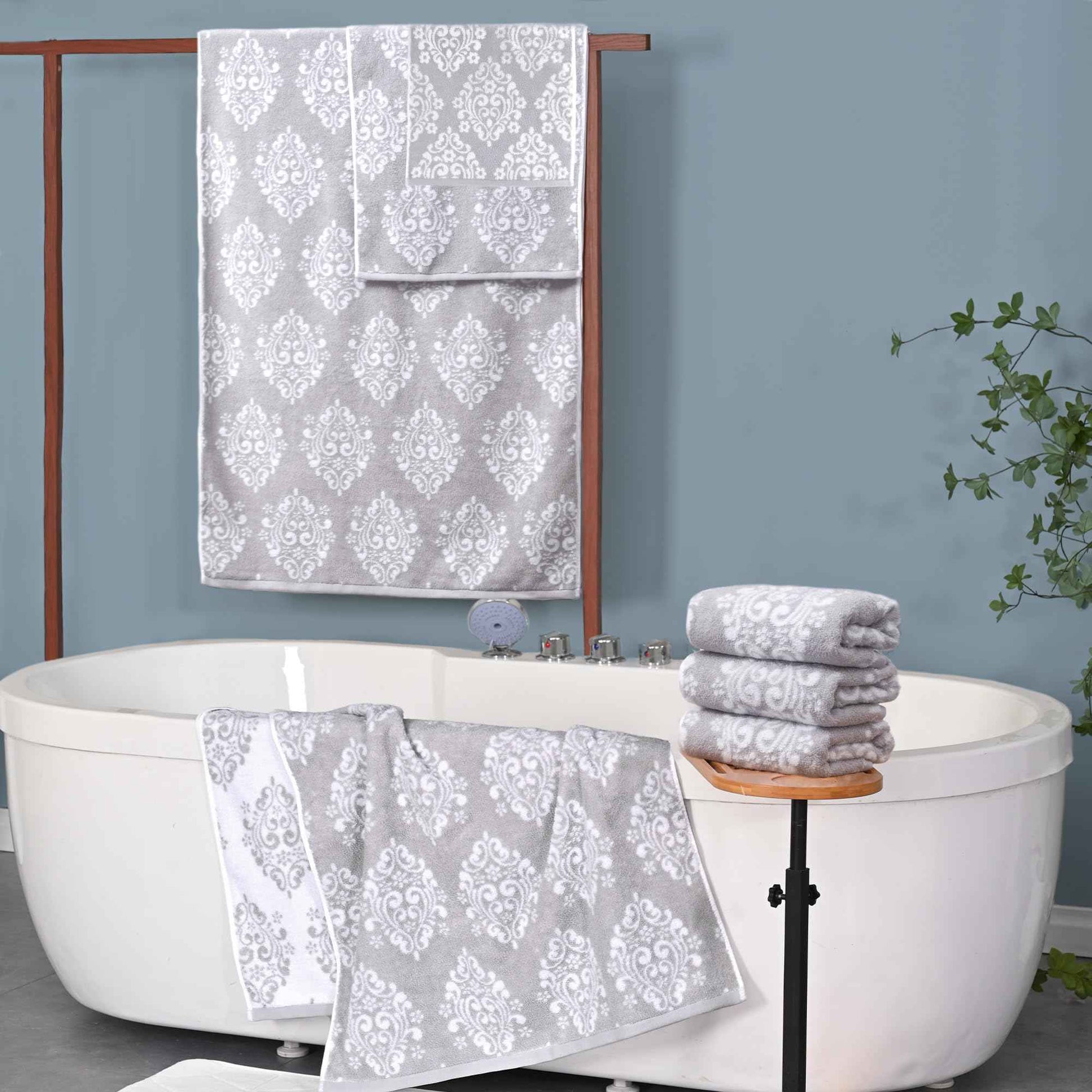 Gray Wash Cloths, Jacquard Washcloths 6 Pack 13"x13" - 100% Cotton | Quick Dry | Thick | Soft | Absorb, Luxury Face Towels for Bathroom & Showering, Jacquard Washcloth Set, Grey + White Damask Pattern