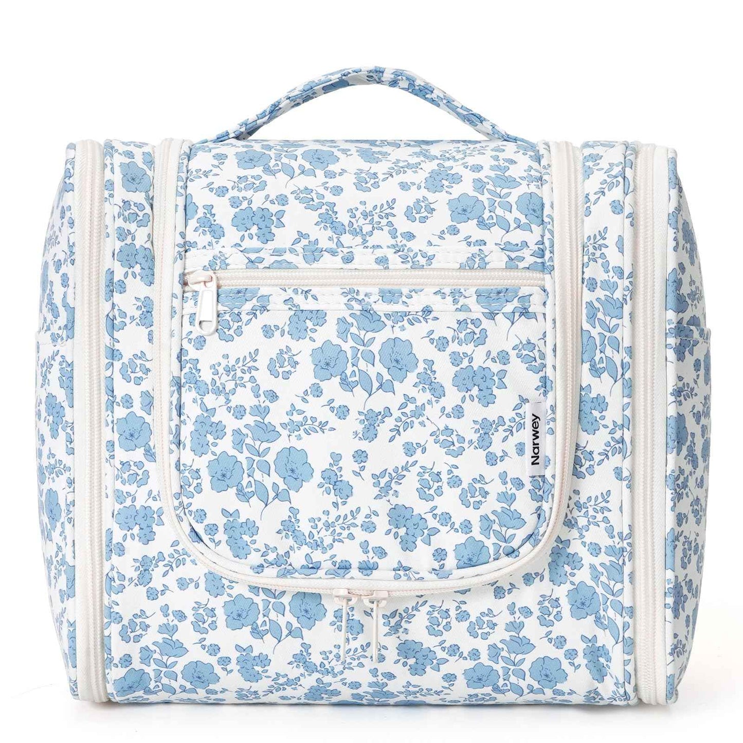 Narwey Hanging Toiletry Bag for Women Travel Makeup Bag Organizer Toiletries Bag for Cosmetics Essentials Accessories (Large, Little Blue Flower)