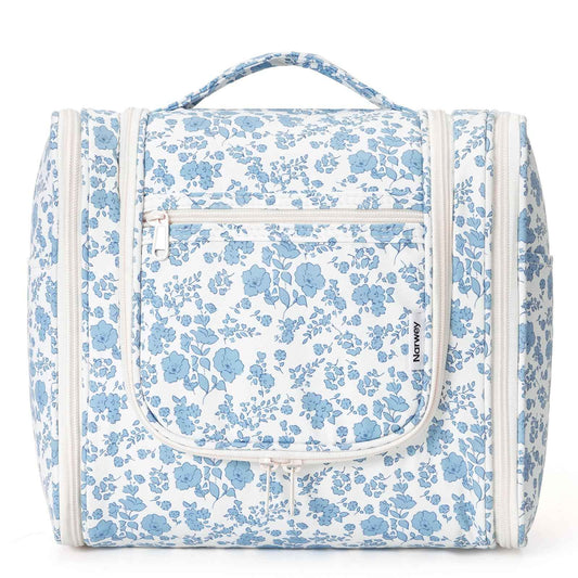 Narwey Hanging Toiletry Bag for Women Travel Makeup Bag Organizer Toiletries Bag for Cosmetics Essentials Accessories (Large, Little Blue Flower)