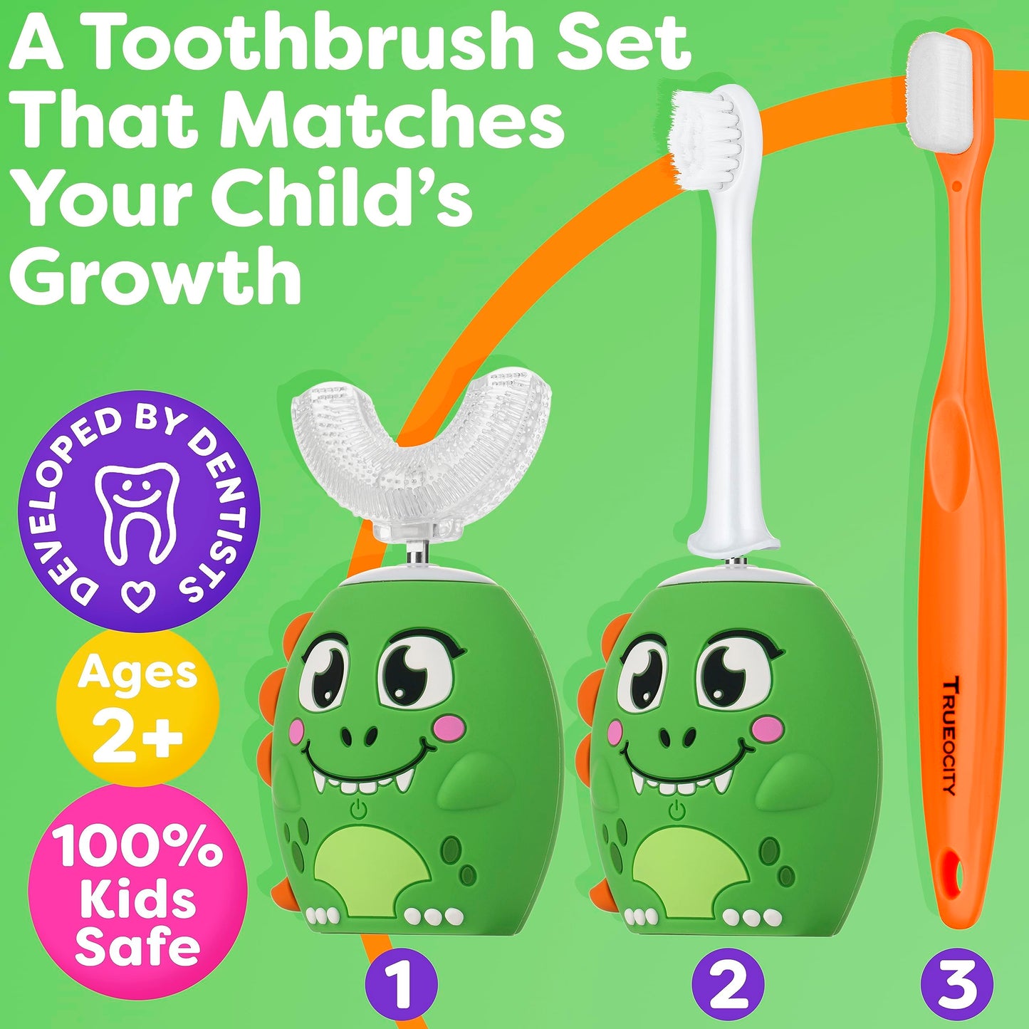 Trueocity Kids Toothbrushes U Shape, Kids Automatic Toothbrush, Toddler Toothbrush U Shaped, U Toothbrush Kids, Auto Toothbrush, Rechargeable Electric Brush Age 2+, Children's Toothbrush (Dinosaur)