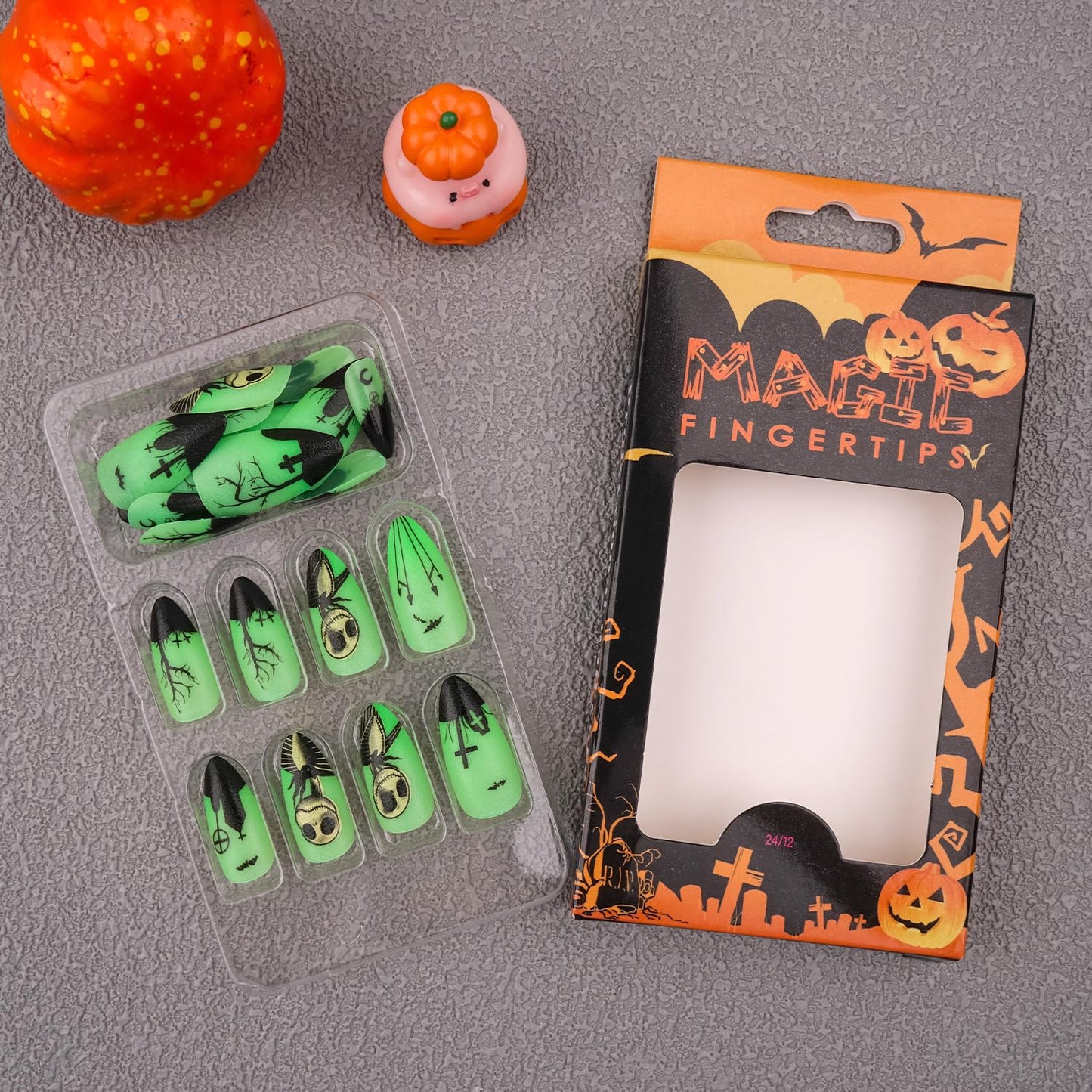 Pufandor Halloween Press on Nails Medium Almond Halloween Nails with Fluorescent Designs Fake Nails Glow At Night Horror Dolls Goth Nails Crosses Glossy False Nails for Women 24Pcs