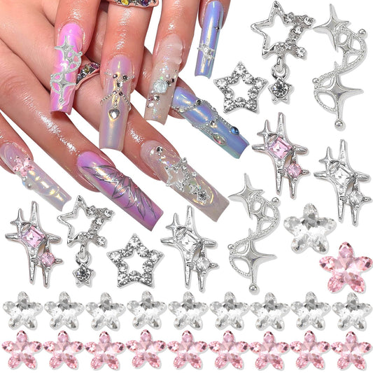 RODAKY 30PCS Star Nail Charms 3D Silver Nail Art Jewelry Pink Star Nail Rhinestones Gems Y2K Style Nail Decoration for Manicure DIY Nail Accessories for Women and Girls