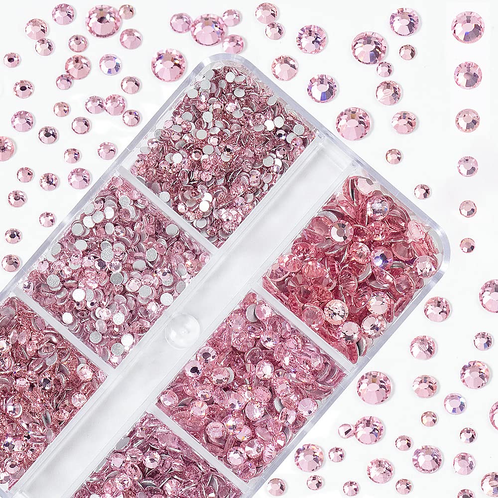 6Grids 3000Pcs Clear Flatback Rhinestones, Light Pink Nail Gems Crystals Jewels, Craft Glass Diamonds Stones Bling Rhinestone with Tweezers and Picking Pen For Nail Face Makeup(1.8mm~4mm Crystal)