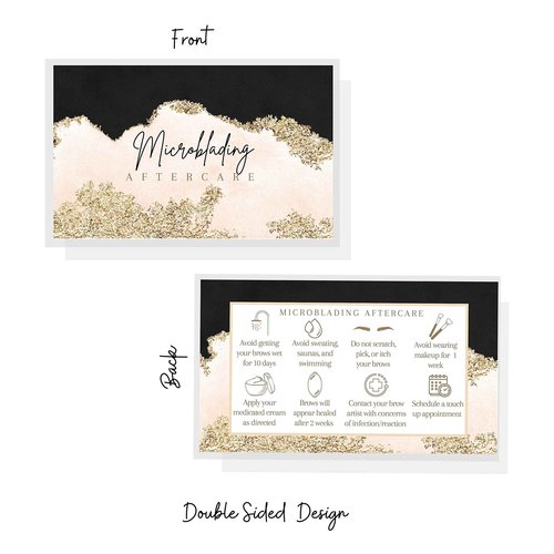 Boutique Marketing LLC Microblading Aftercare Cards | 50 Pack | Size 2x3.5 inches Business Card | PMU Pink, Black, and Gold Design