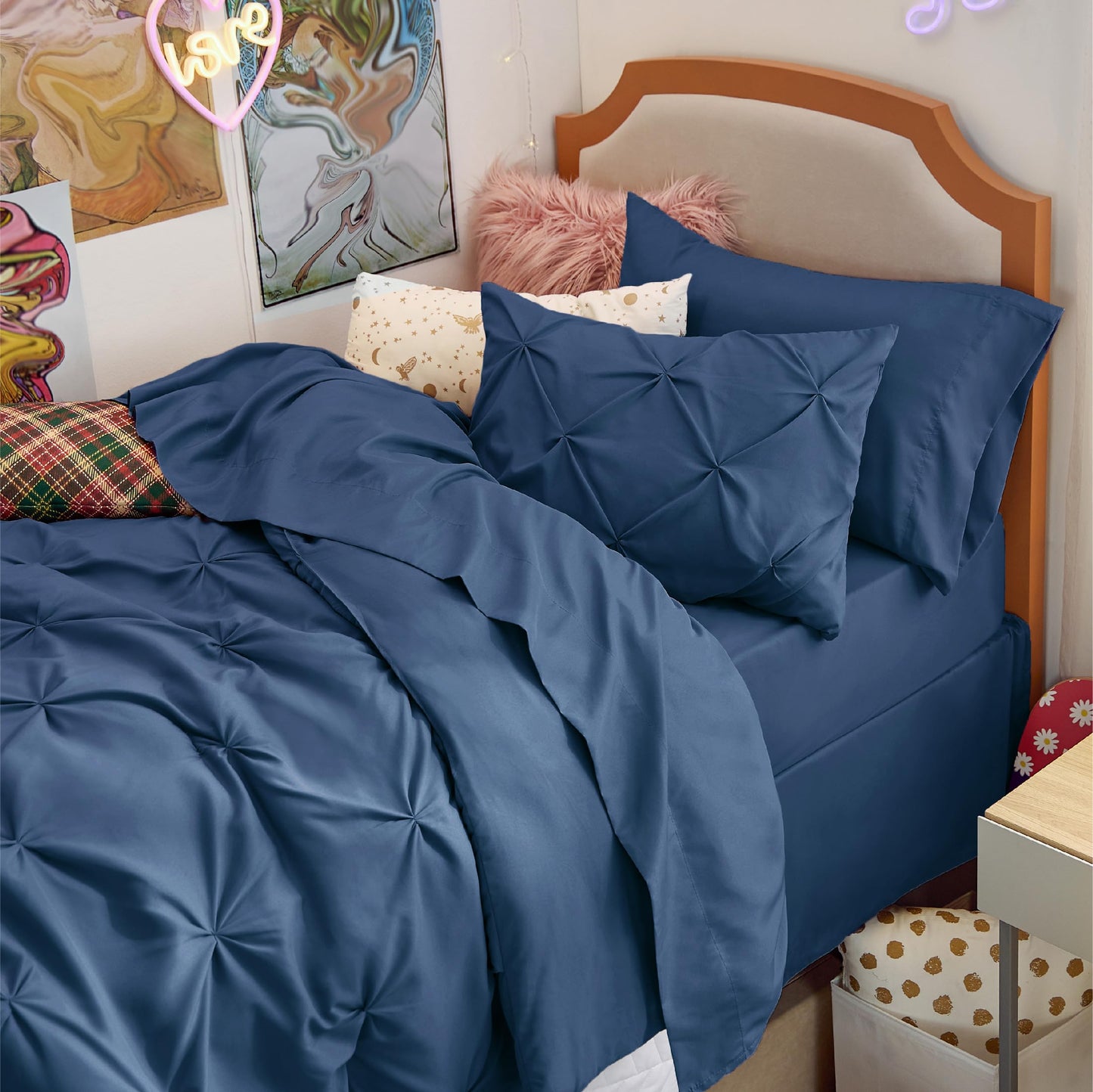 Bedsure Twin Comforter Set with Sheets - 5 Pieces Twin Bedding Sets, Pinch Pleat Navy Blue Twin Bed in a Bag with Comforter, Sheets, Pillowcase & Sham