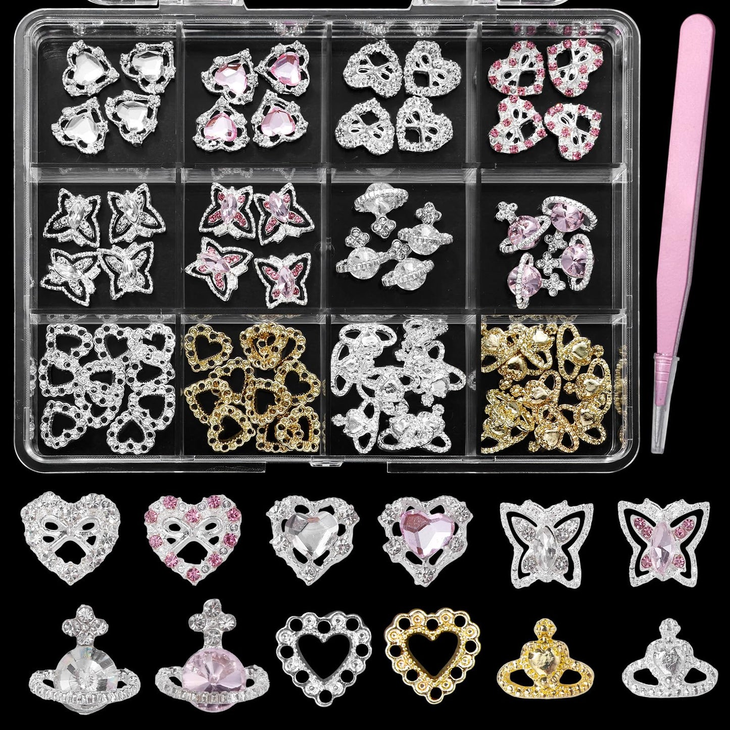 72 Pcs Heart Rhinestones for Nails, Shiny Alloy Planet Heart Butterfly Metal Nail Gems, Pink Colors White Rhinestones Heart Planet Nail Art Gems 3D Nail Gems Charms for Nails Art DIY Design