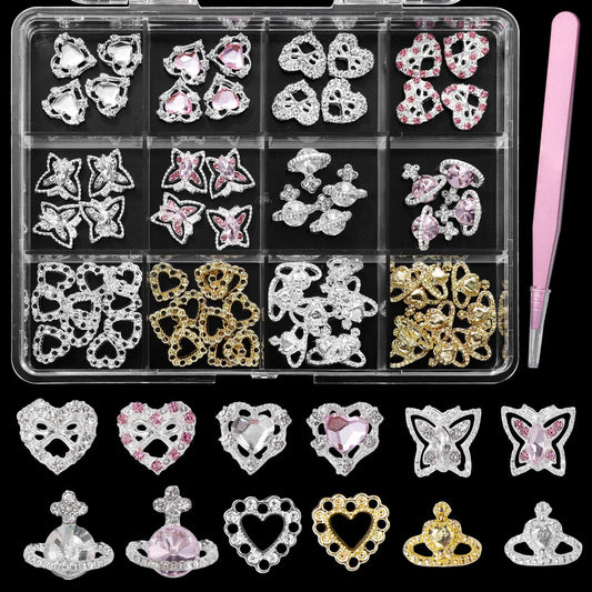 72 Pcs Heart Rhinestones for Nails, Shiny Alloy Planet Heart Butterfly Metal Nail Gems, Pink Colors White Rhinestones Heart Planet Nail Art Gems 3D Nail Gems Charms for Nails Art DIY Design