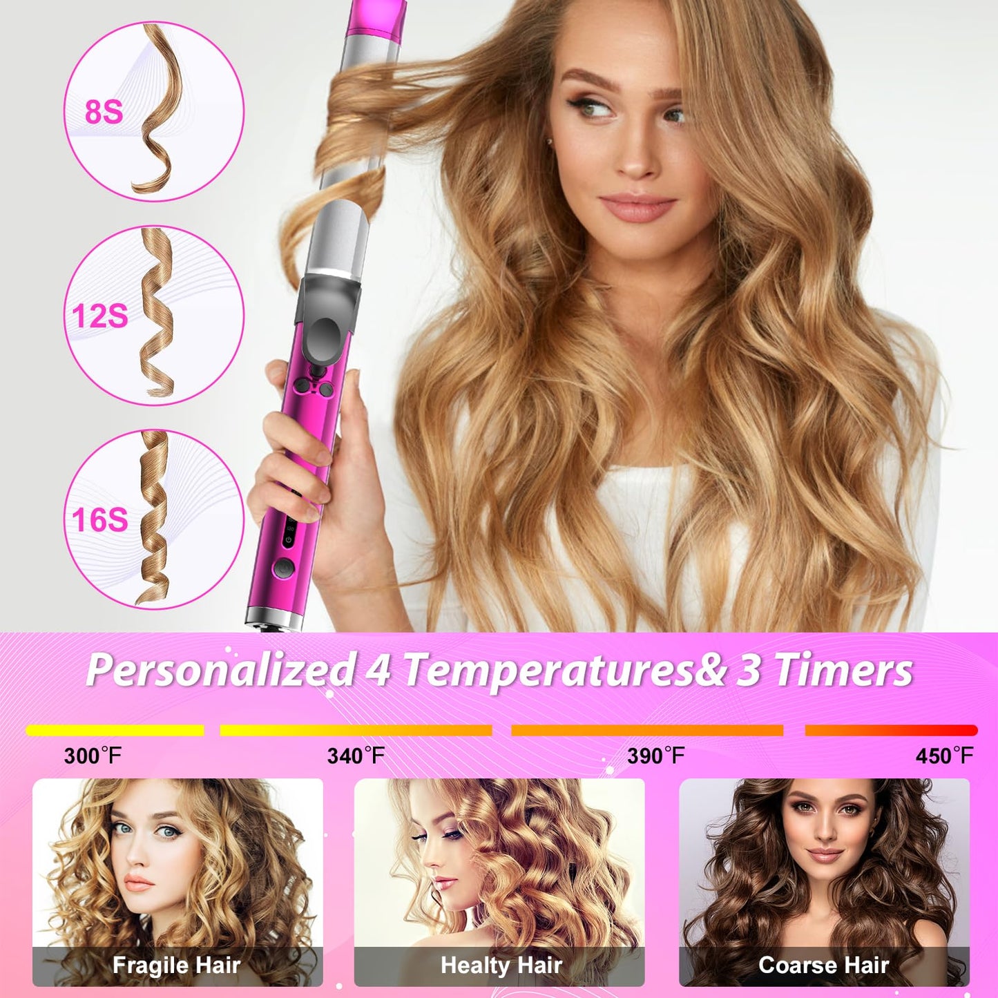 Rotating Curling Iron, 1 1/4 Inch Ionic Hair Curler, Self Rotating Hair Curler with Long Barrel for Beach Curls/Waves, 1.25 Inch Barrel Curling Wand, Gifts for Women (Purple)