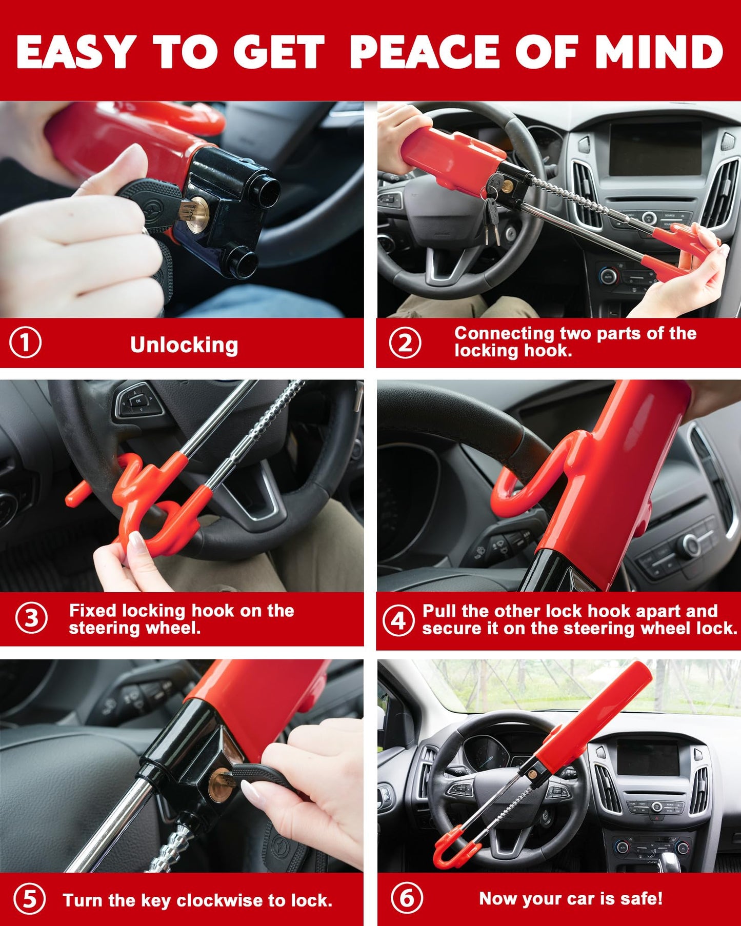 Tevlaphee Steering Wheel Lock Anti-Theft Car Device Heavy Duty Security Car Lock Antitheft Locking Devices Great Deterrent Adjustable Car Wheel Lock Anti Theft for Vehicle Truck SUV with 3 Keys (Red)