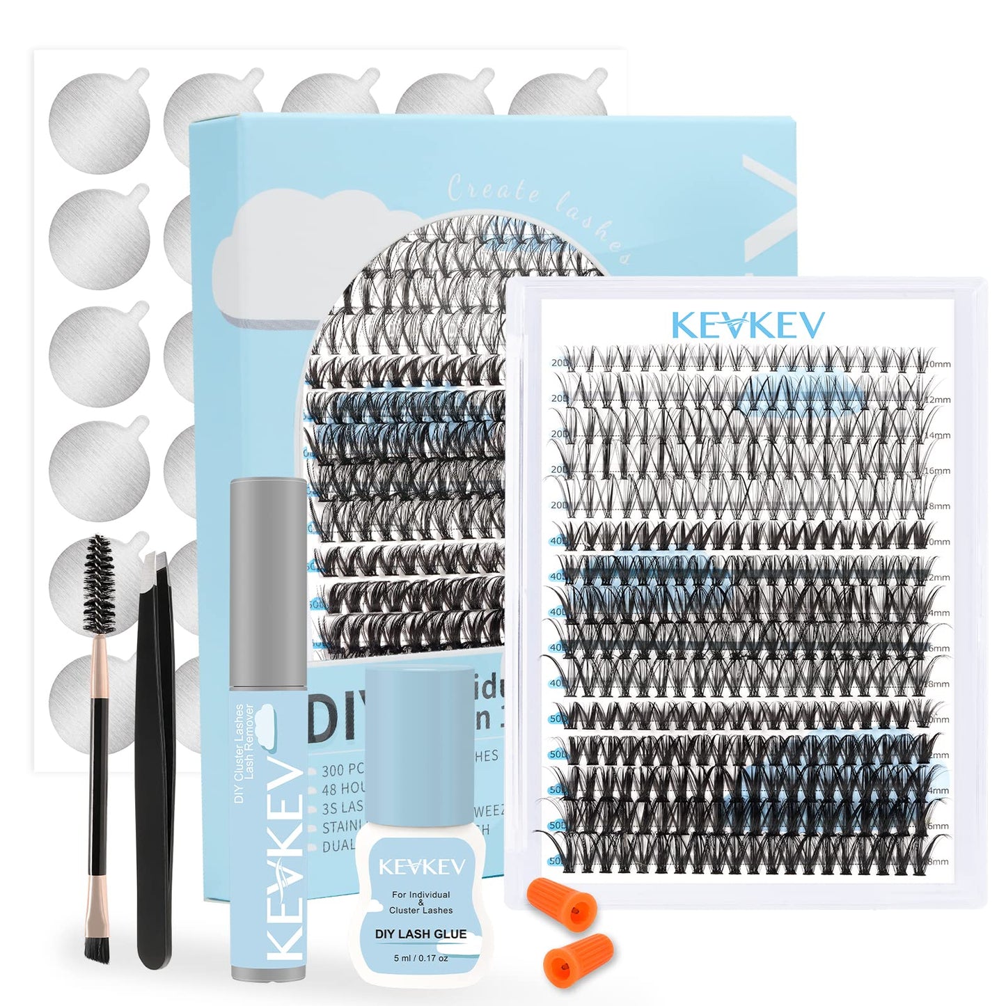 DIY Lash Extension Kit Lash Clusters Kit with 300Pcs Individual Lashes 5ml Clear Cluster Lash Glue Remover Lash Applicator for DIY Eyelash Extension at Home(20D+40D+50D-10-18Mix&Clear Glue)