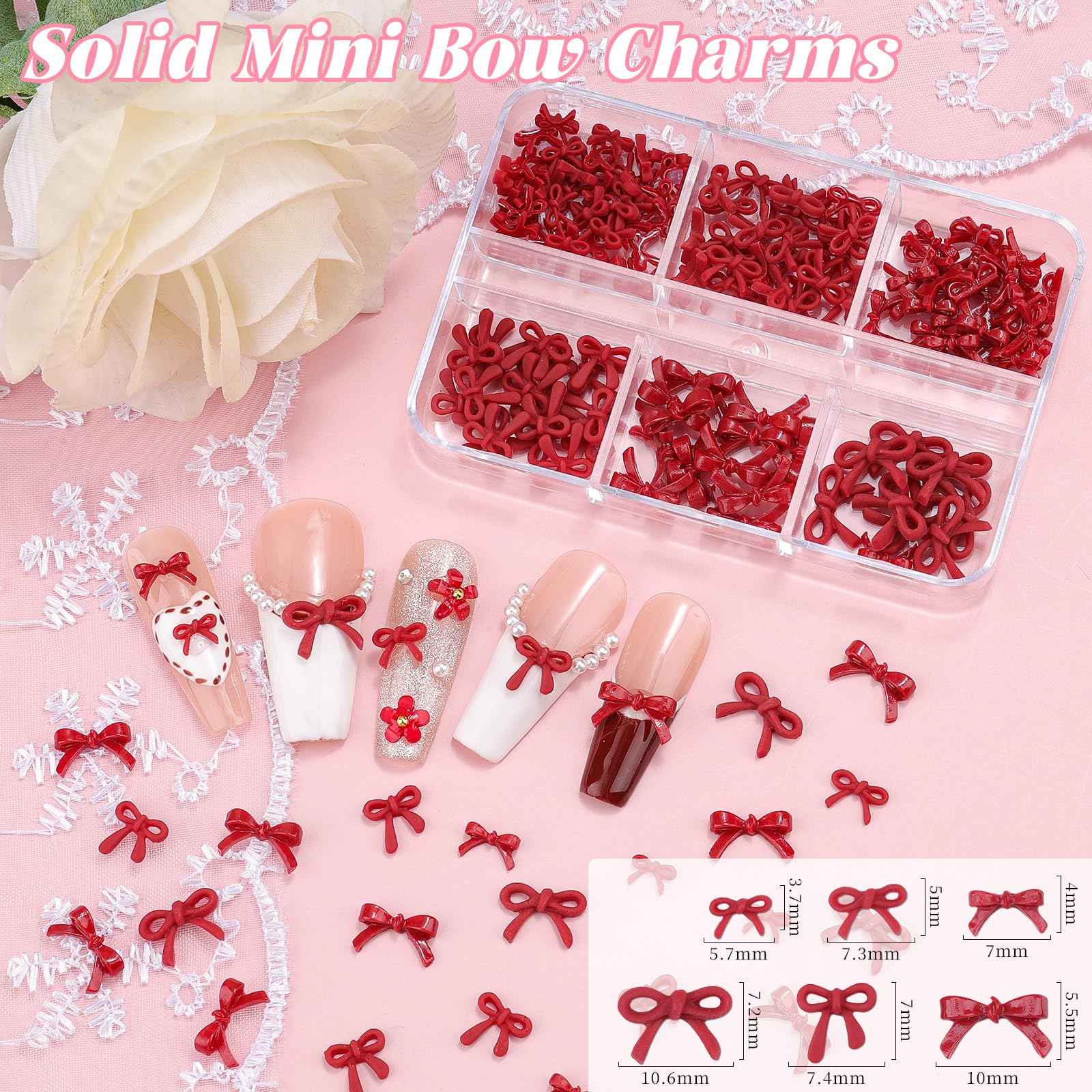 2 Boxes 3D Bow Nail Charms, Red Mini Bow Charms Transparent/Solid Resin Bow with Pickup Tools for Women Nail Decorations DIY Craft