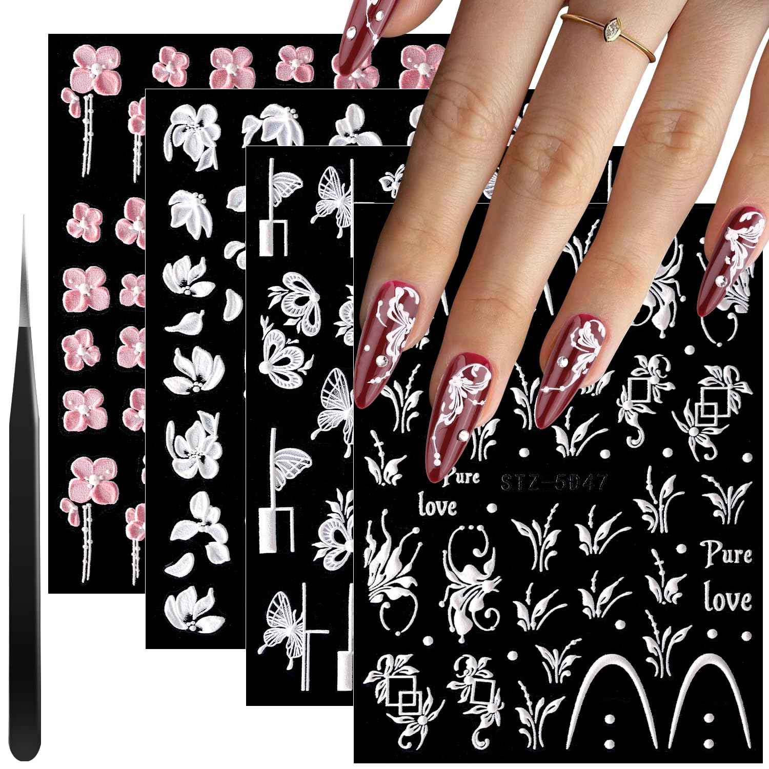 5D French Lace Nail Art Stickers, 4 Sheets Embossed Nail Decals with Tweezer, 3D Self Adhesive Classic White Lace Retro Flower Rose Vine Acrylic Nail Accessories for Wedding French Tips Design Set-6