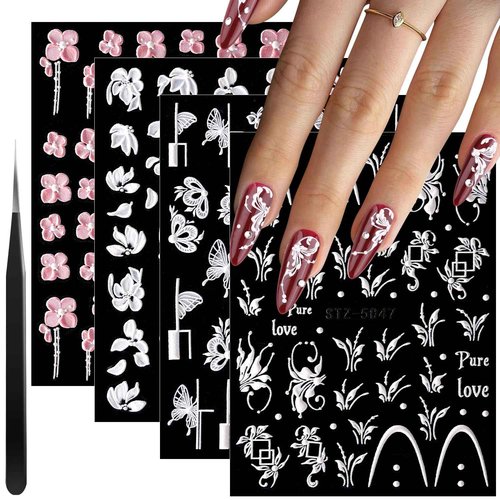 5D French Lace Nail Art Stickers, 4 Sheets Embossed Nail Decals with Tweezer, 3D Self Adhesive Classic White Lace Retro Flower Rose Vine Acrylic Nail Accessories for Wedding French Tips Design Set-6
