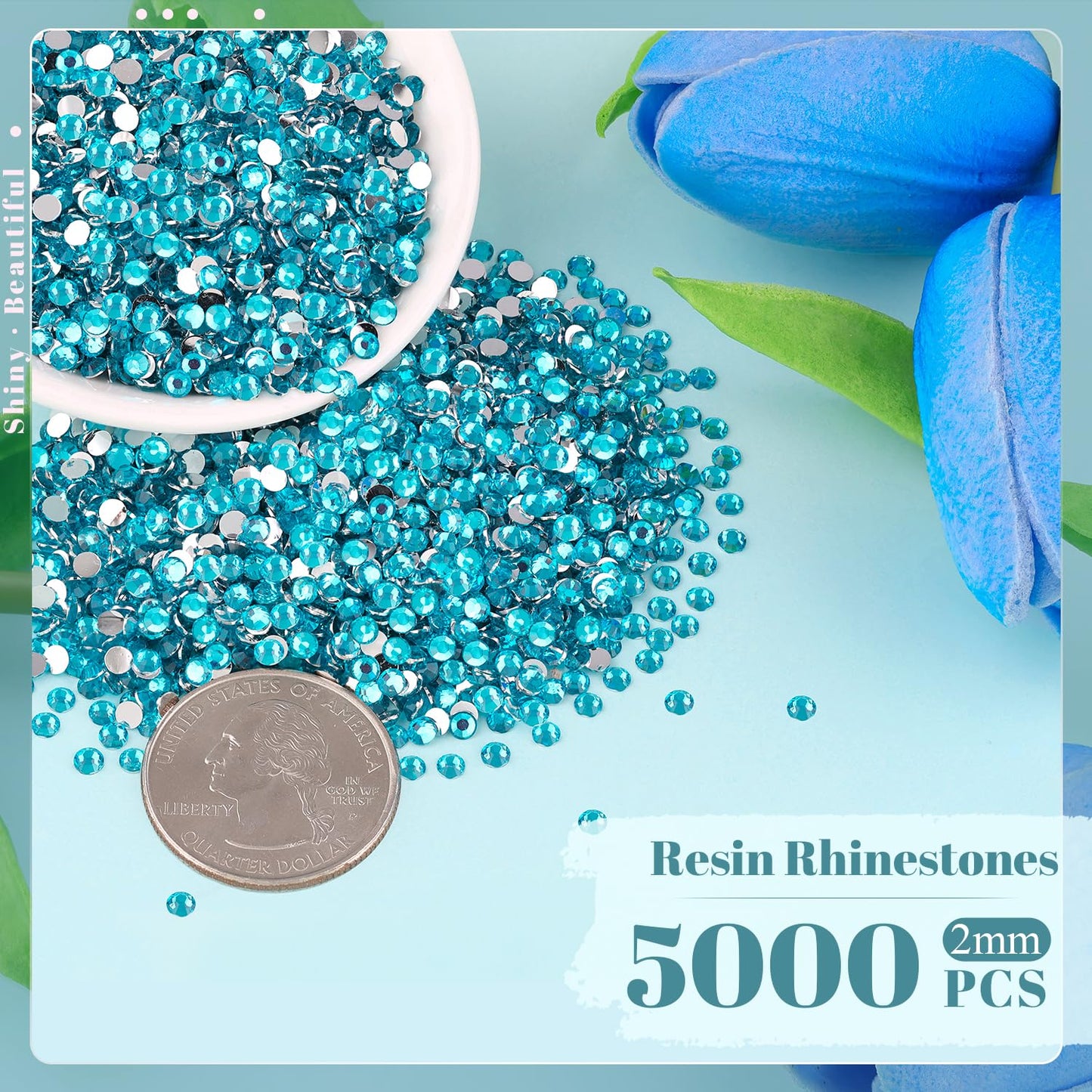 5000PCS 2mm Resin Rhinestones in Bulk (Indicolite), Bedazzling Flatback Crystals for Crafts DIY Nail Decoration, Gems Charms for Tumbler Shoes Clothing Fabric with Pickup Pen and Tweezers