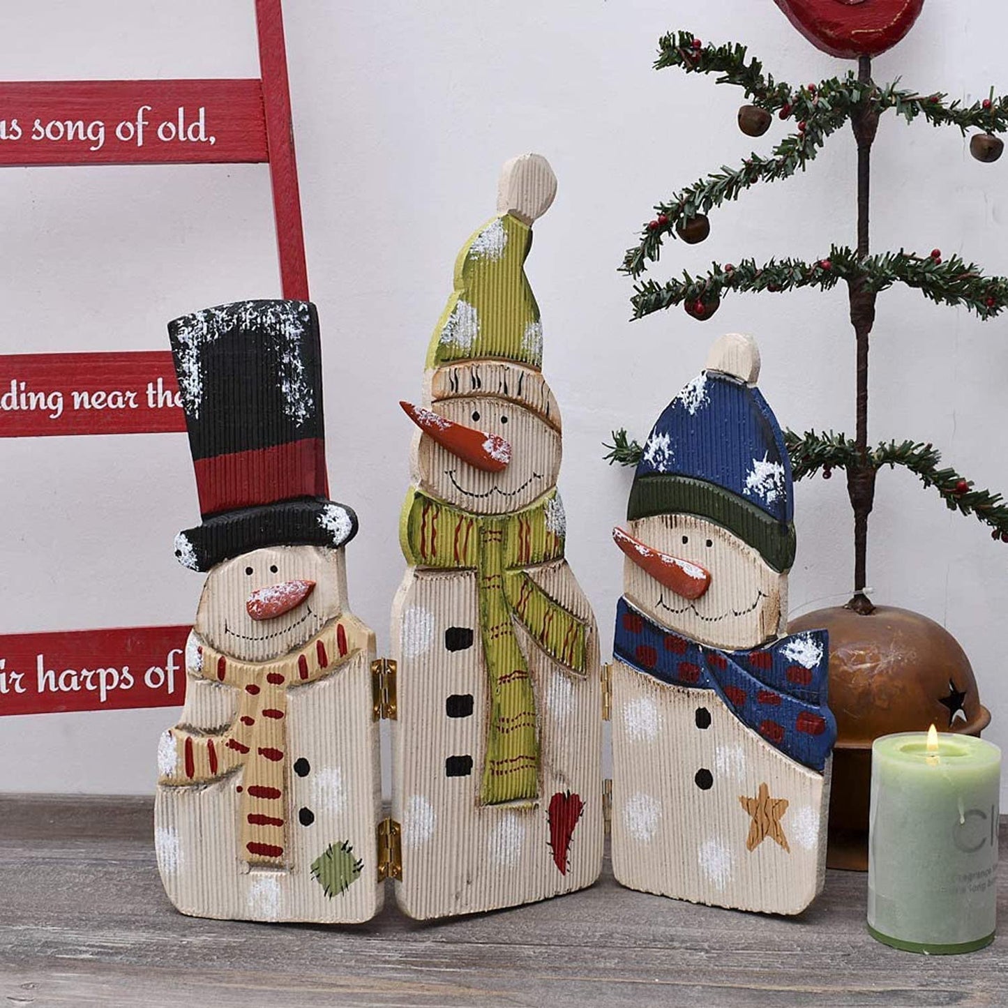 Grace Home Rustic Wood Folding Snowman Screen Christmas Ornament Tabletop Mantel Centerpieces Decorations Porch Table Top Indoor Christmas Decor 12" H