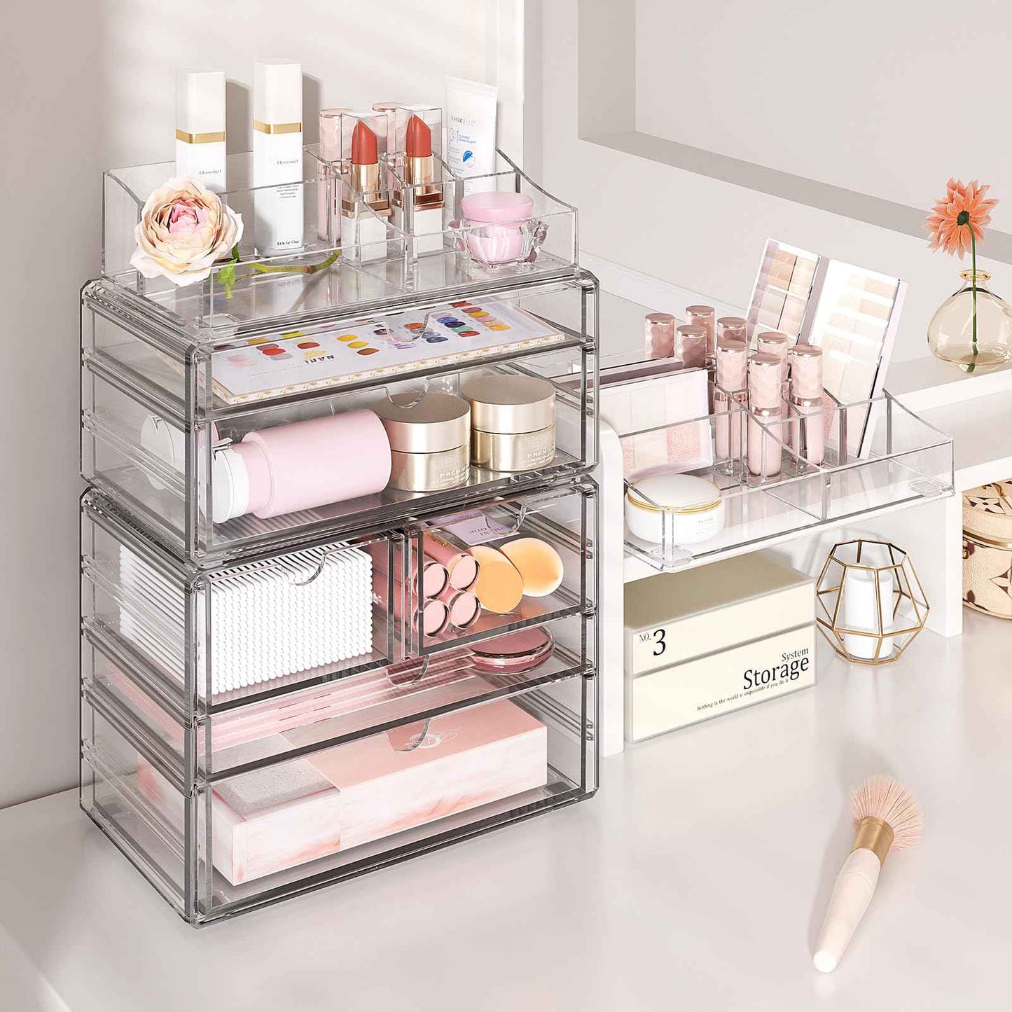 Delamu 3-Tier Clear Makeup Organizer with Drawer, Acrylic Cosmetic Display Case for Makeup Vanity Bathroom Counter Organizers and Storage, Stackable Vanity Organizer for Brushes Lipsticks Skincare