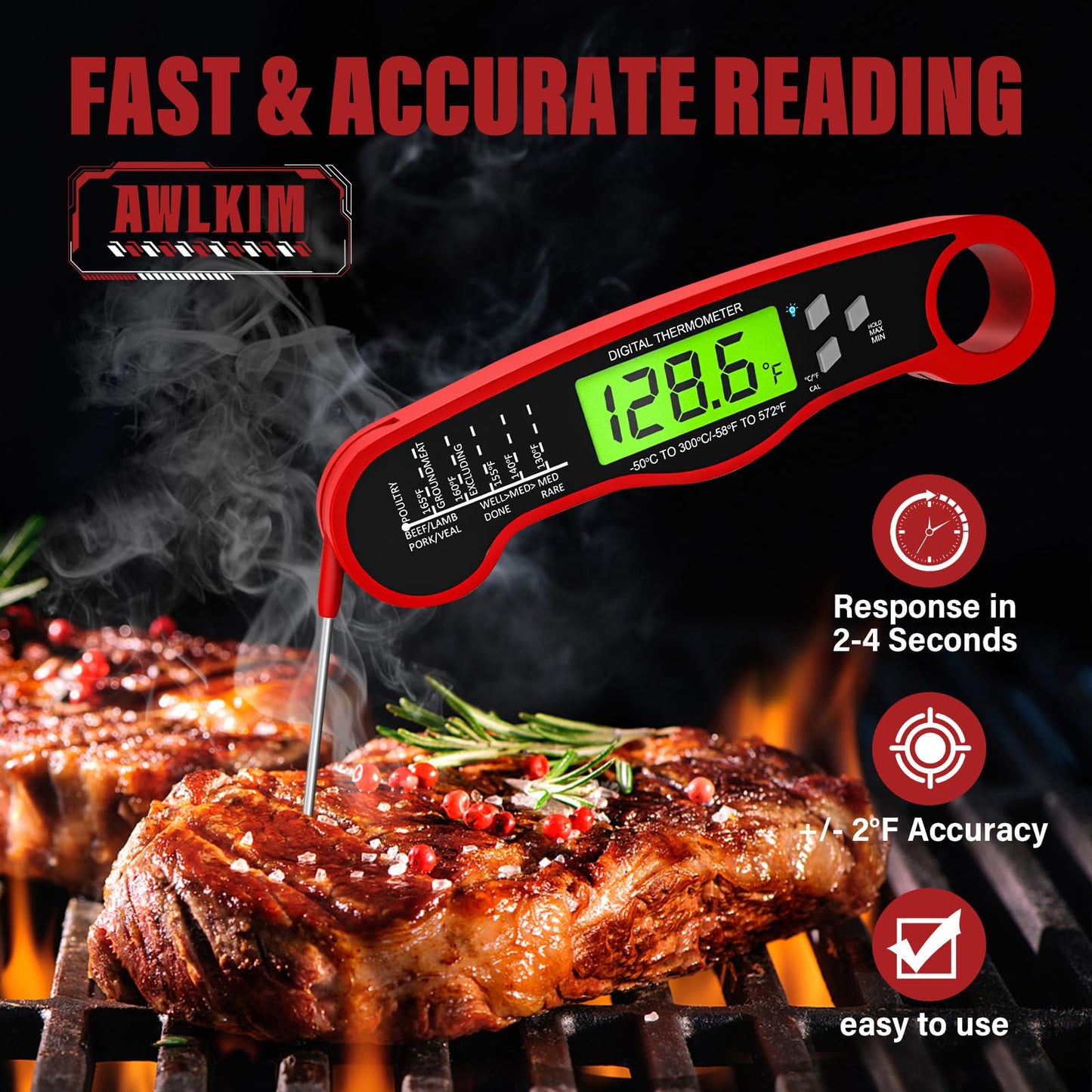 Meat Thermometer Digital - Fast Instant Read Food Thermometer for Cooking, Candy Making, Outside Grill, Waterproof Kitchen Thermometer with Backlight, Stocking Stuffers for Adult Men