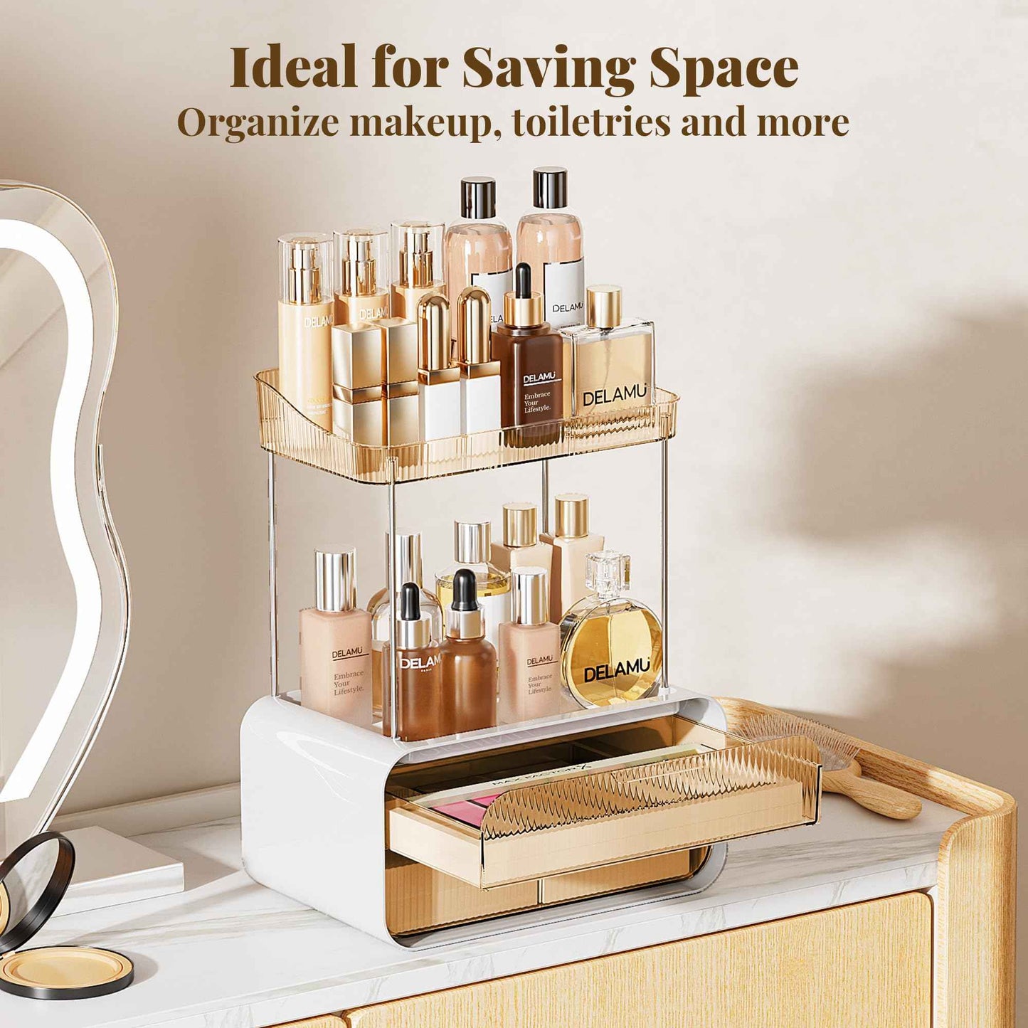 Delamu Bathroom Counter Organizer 2-Drawers 2-Tier Acrylic Makeup Organizer for Vanity Countertop, Skincare Perfume Storage, Easy Assembly, Ideal for Women, Bath Linen Sets, Amber
