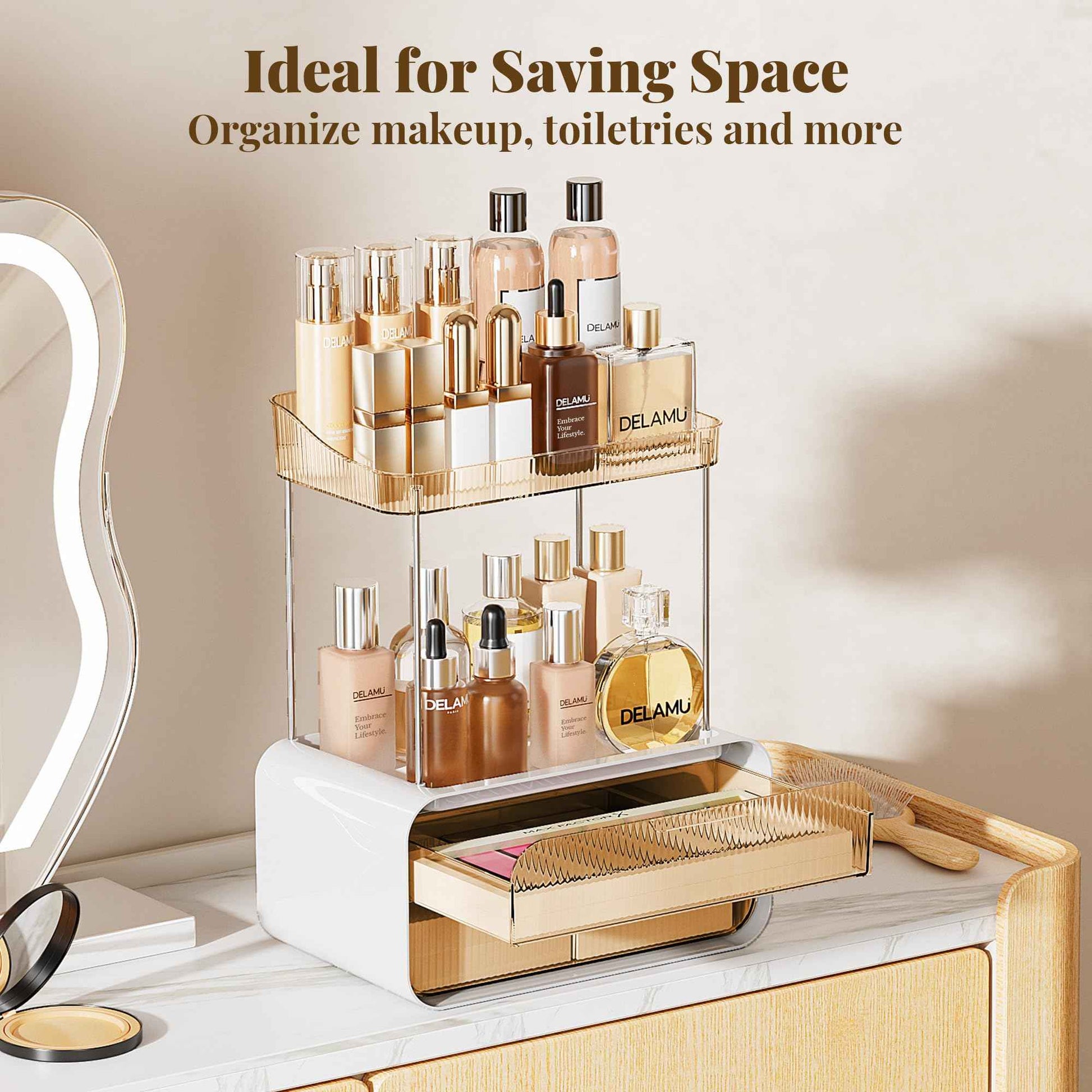 Delamu Bathroom Counter Organizer 2-Drawers 2-Tier Acrylic Makeup Organizer for Vanity Countertop, Skincare Perfume Storage, Easy Assembly, Ideal for Women, Bath Linen Sets, Amber